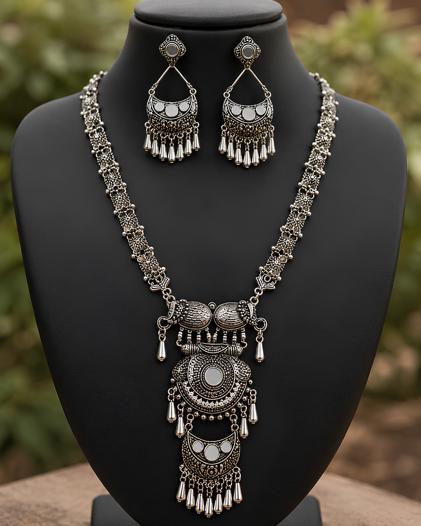 Oxidized Silver Mirror & Tribal Pendant Long Necklace