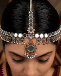 Oxidized Silver Ornate Mirror Work & Floral Droplet Matha Patti
