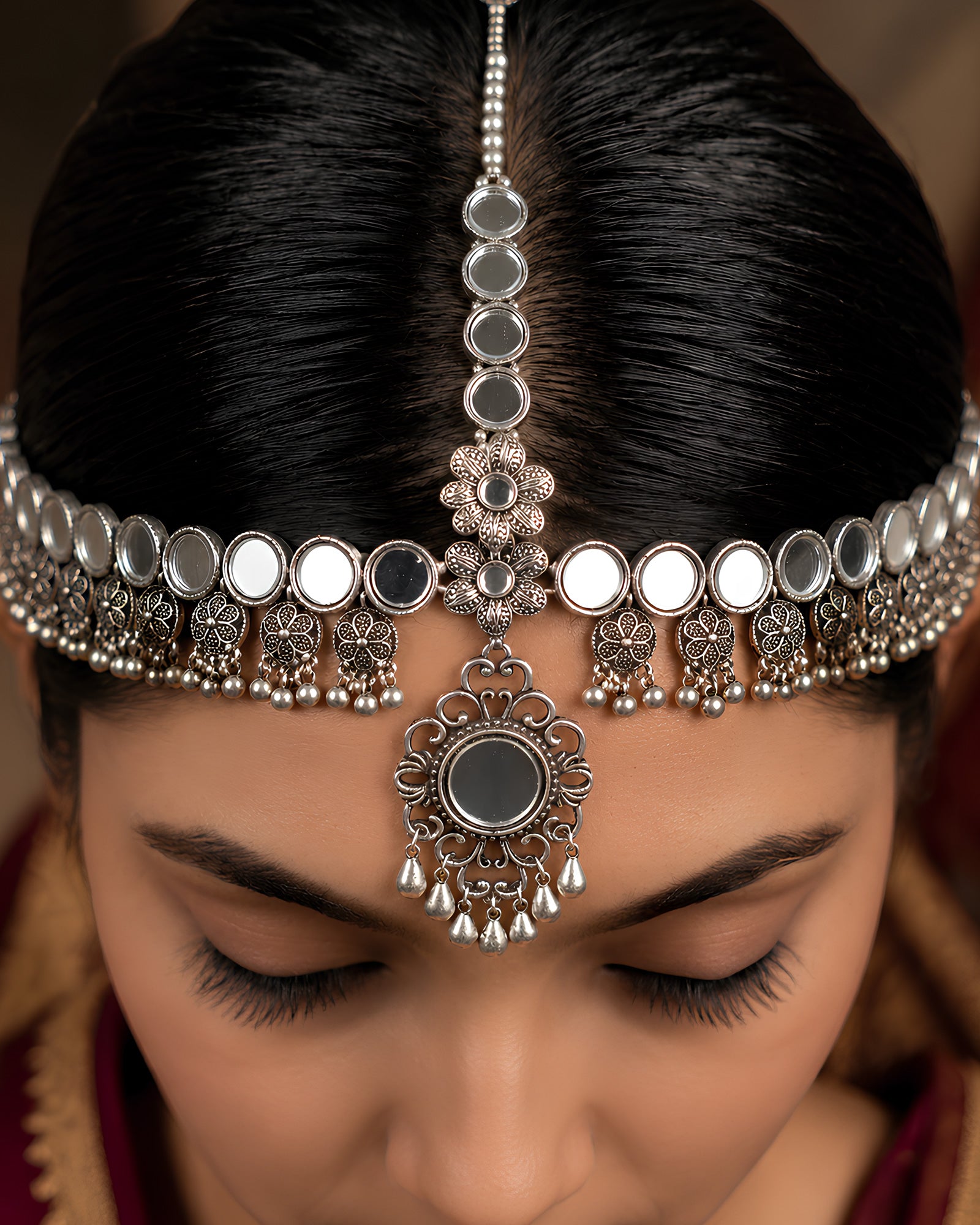 Oxidized Silver Ornate Mirror Work & Floral Droplet Matha Patti