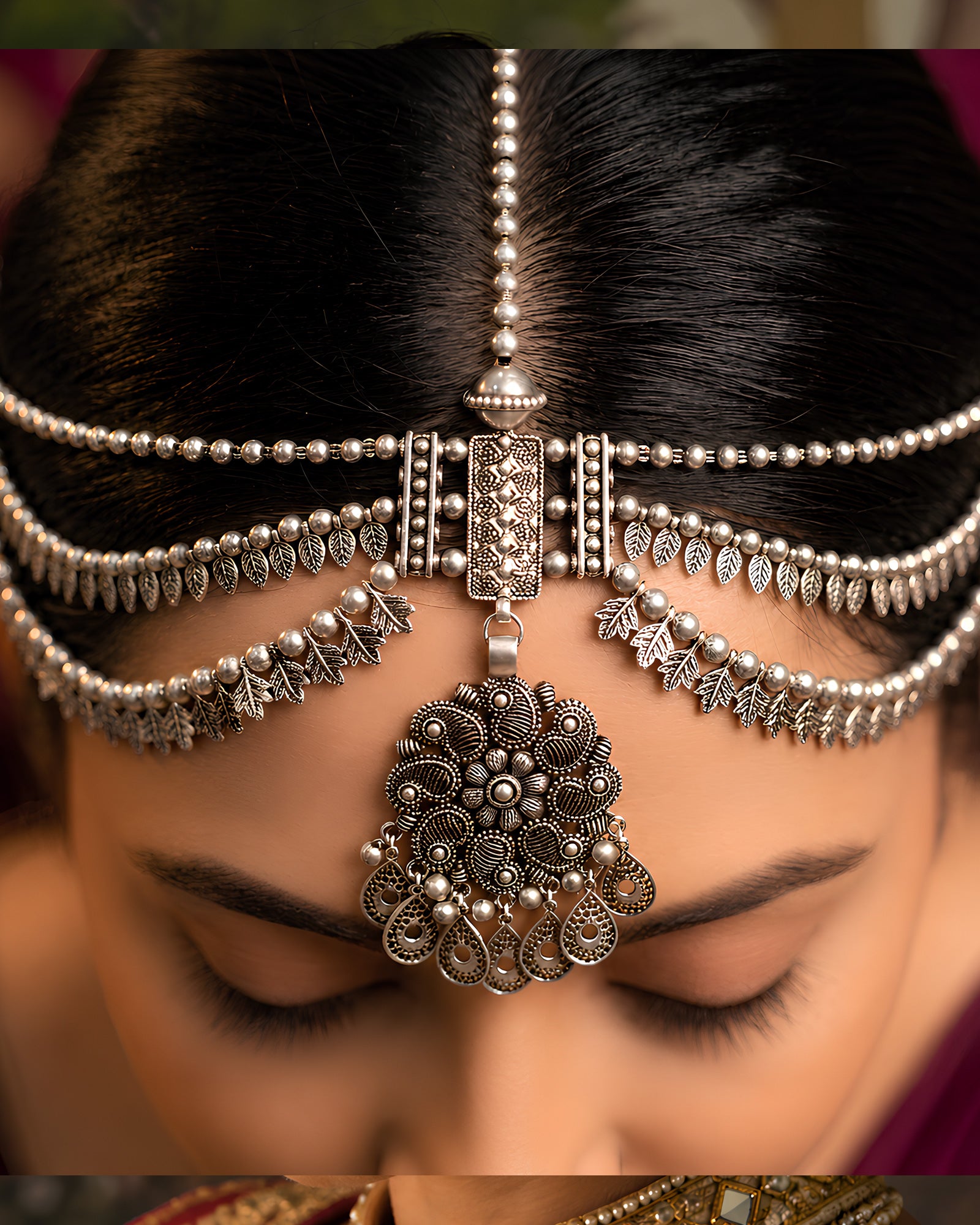 Oxidized Silver Ornate Paisley Bloom & Multi-Layered Leaf Matha Patti