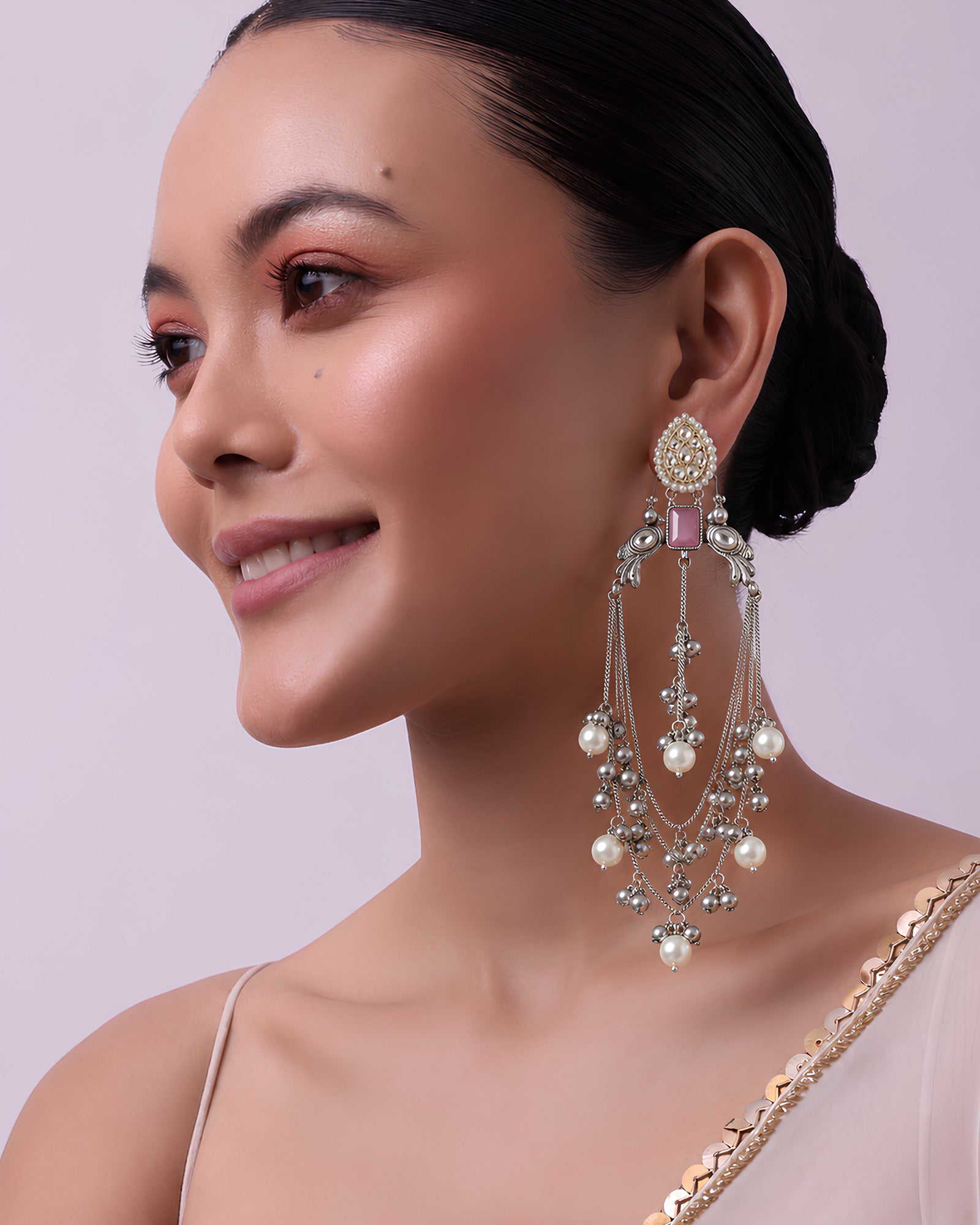 Oxidized Silver Pearl & Chain Draping Earrings