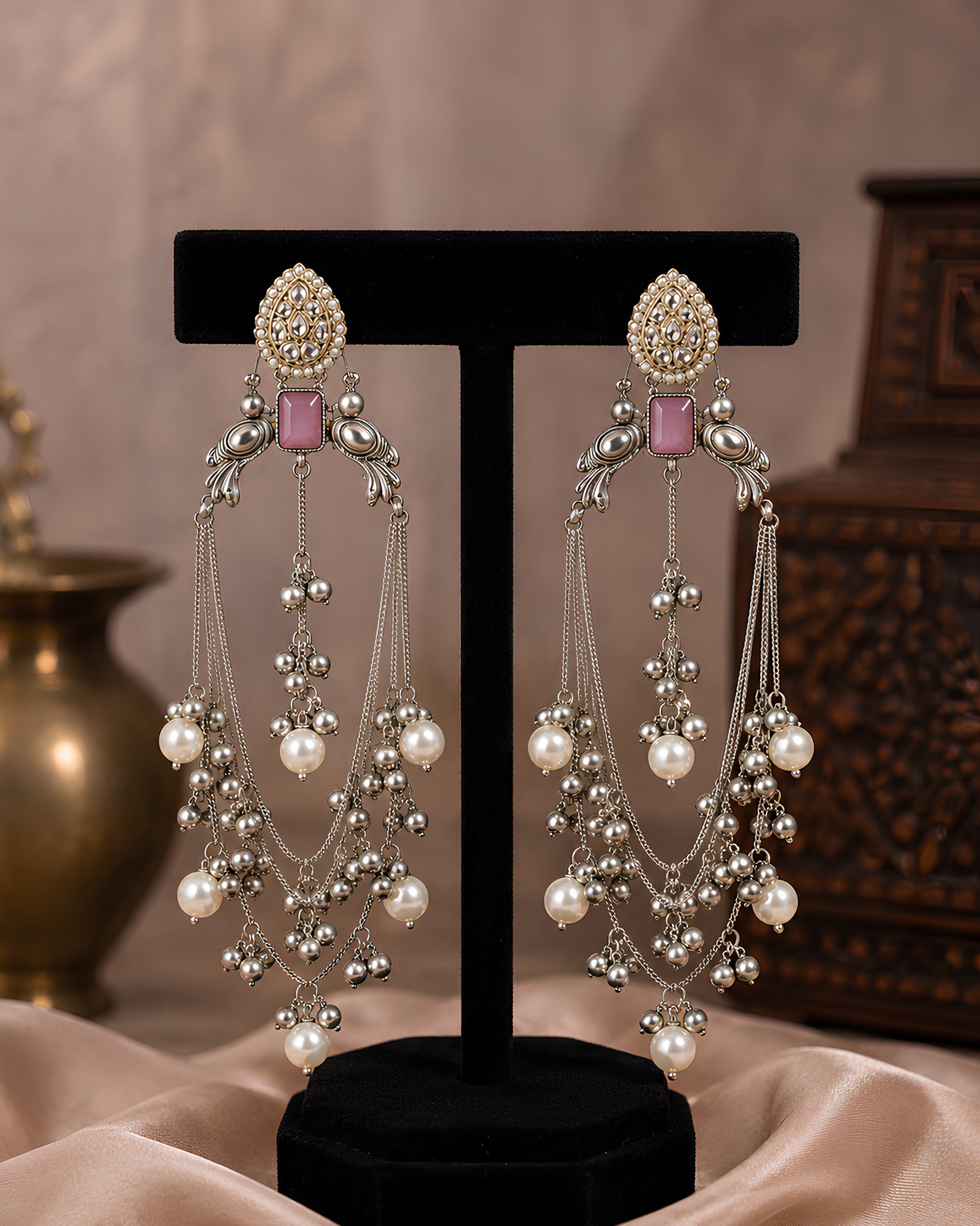 Oxidized Silver Pearl & Chain Draping Earrings