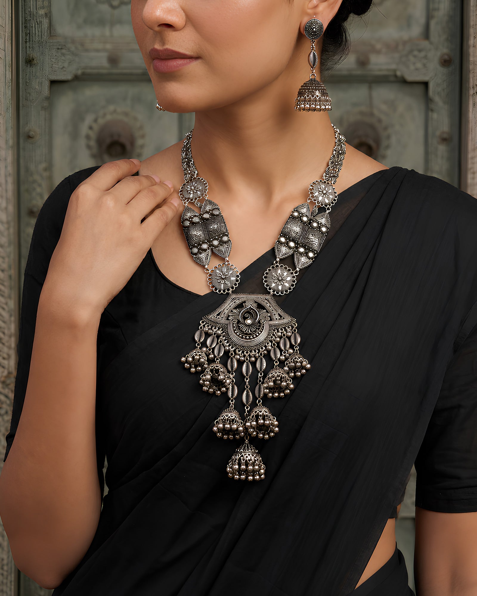Oxidized Silver Peasant Medallion & Jhumka Pendant Necklace