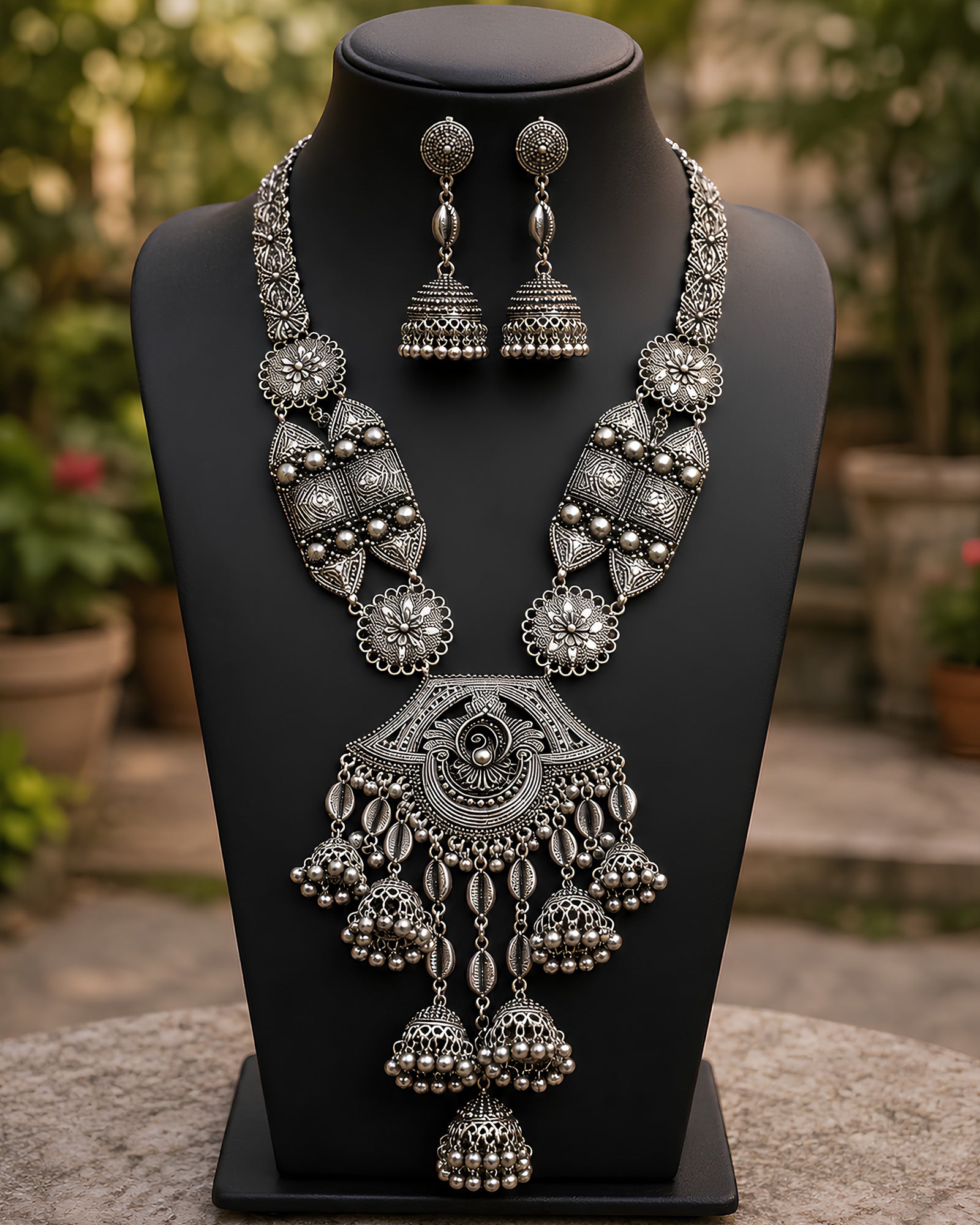 Oxidized Silver Peasant Medallion & Jhumka Pendant Necklace