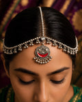 Oxidized Silver Red Meenakari Crescent & Ghungroo Matha Patti