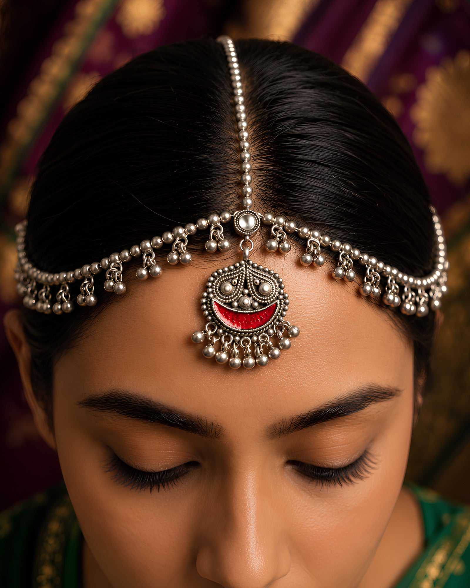 Oxidized Silver Red Meenakari Crescent & Ghungroo Matha Patti