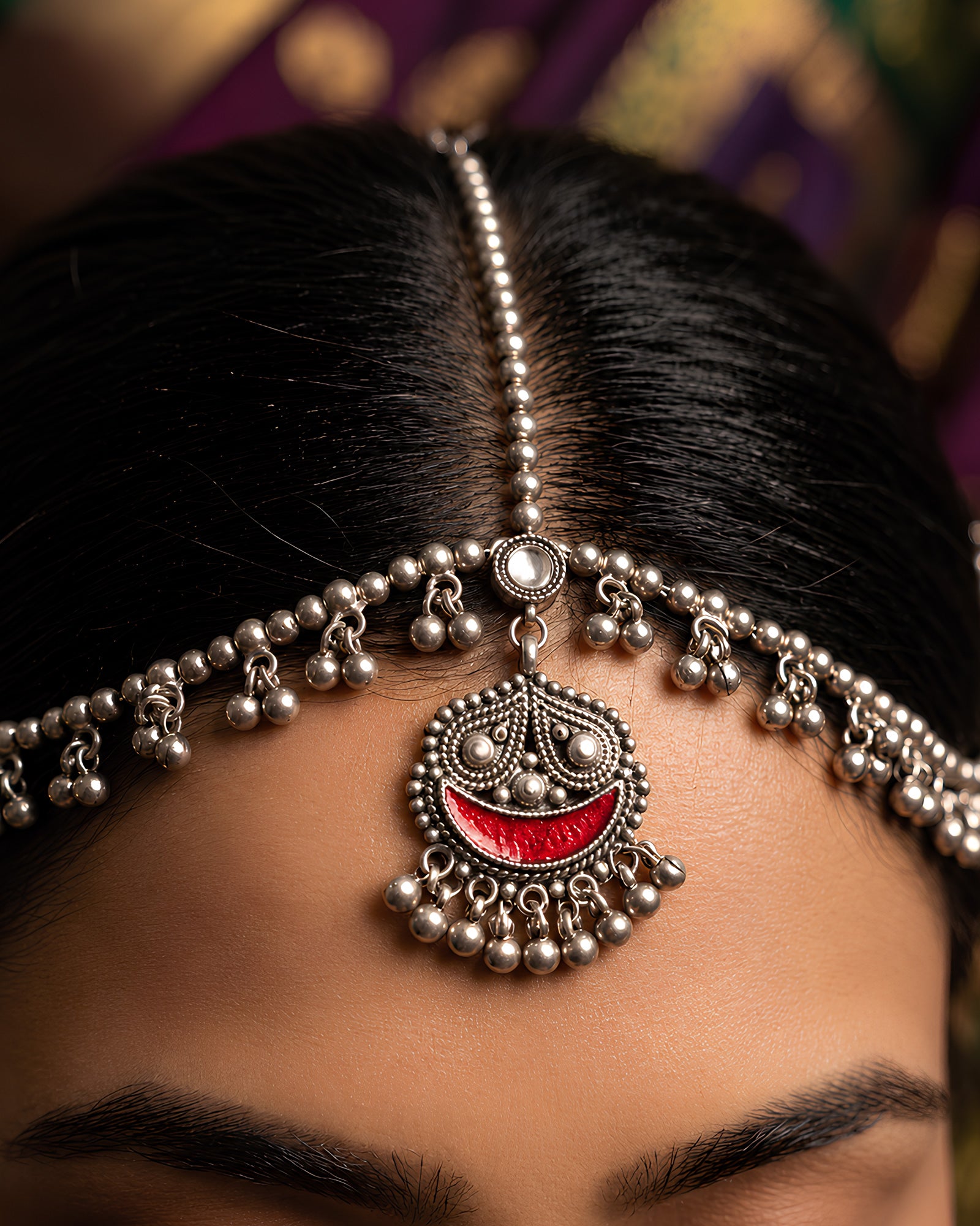 Oxidized Silver Red Meenakari Crescent & Ghungroo Matha Patti