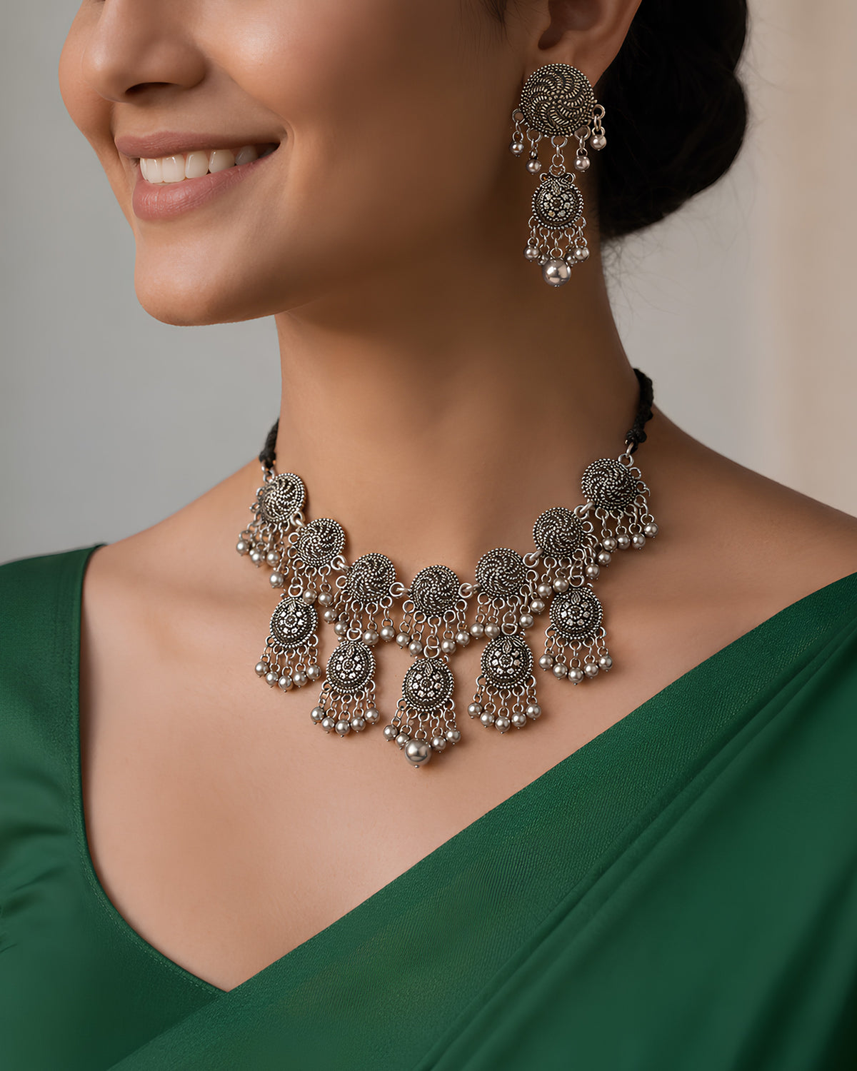 Oxidized Silver Spiral Disc Necklace Set