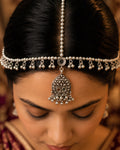 Oxidized Silver Textured Shield Mirror & Ghungroo Matha Patti