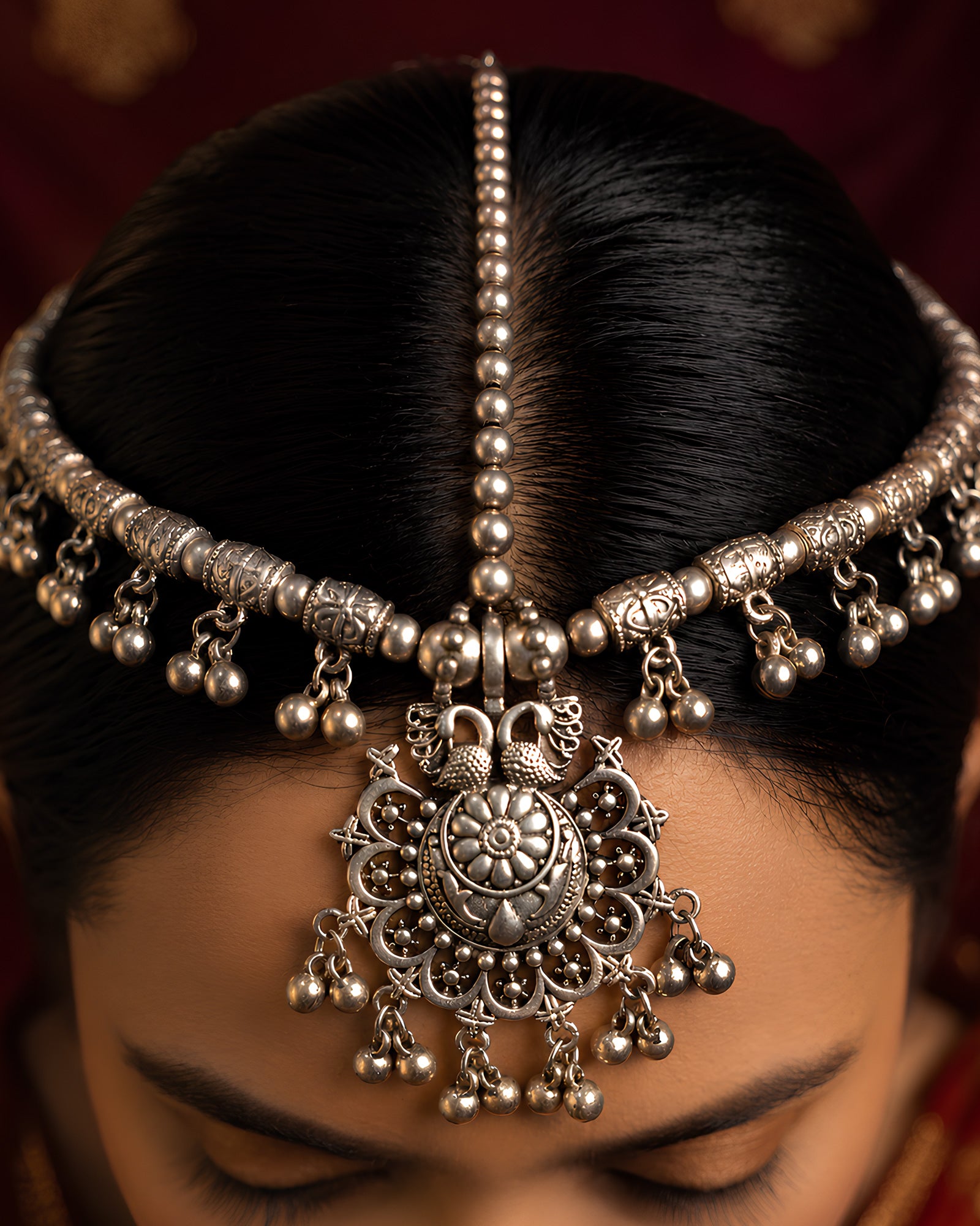 Oxidized Silver Twin Peacock Floral Medallion Matha Patti