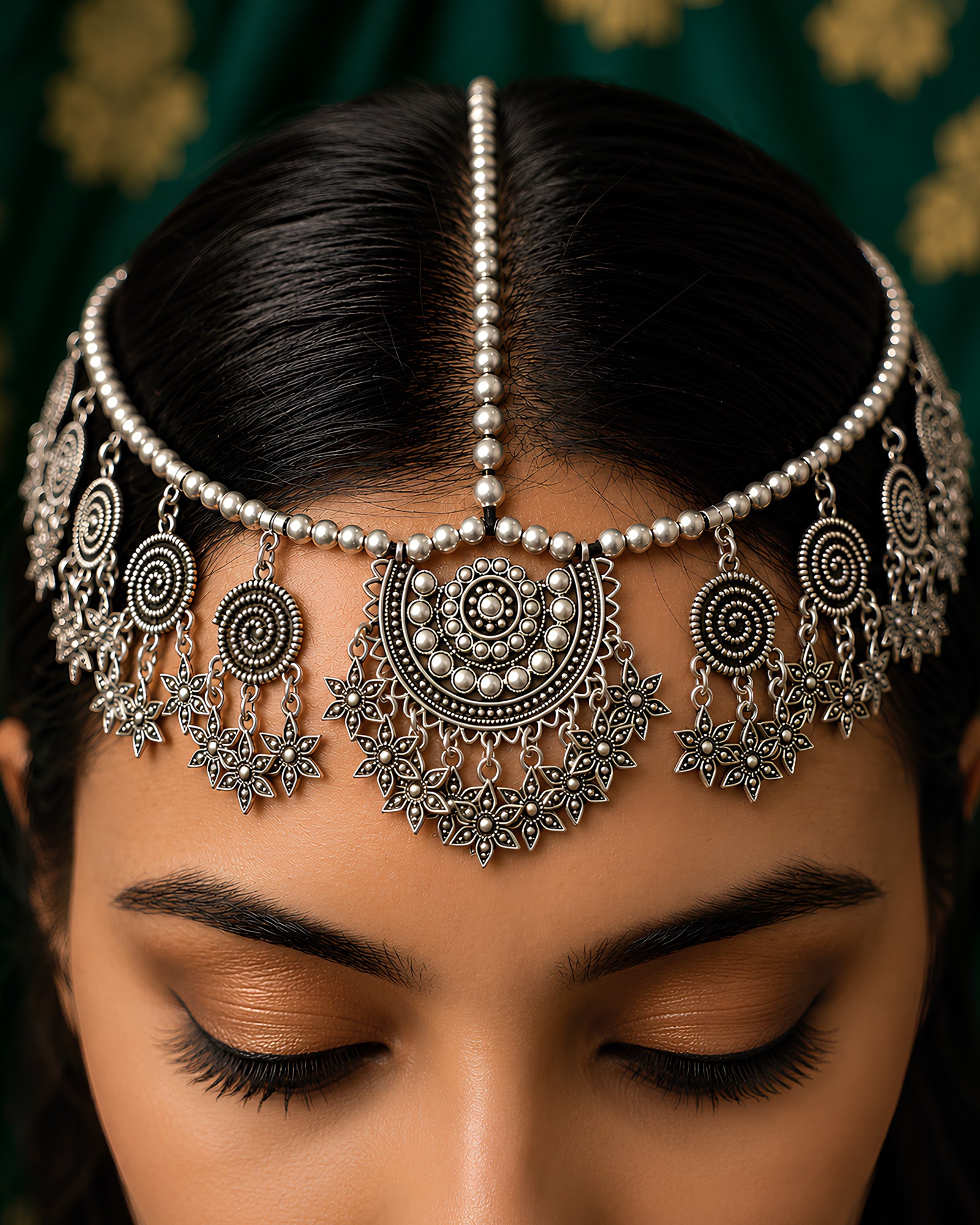 Oxidized Spiral & Floral-Fringed Matha Patti