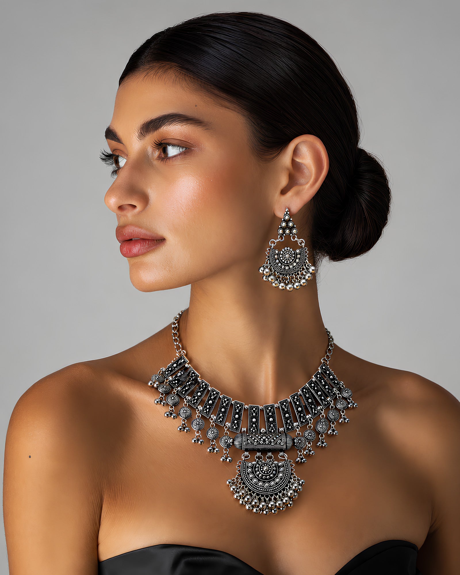 Oxidized Tribal Block & Crescent Pendant Necklace Set