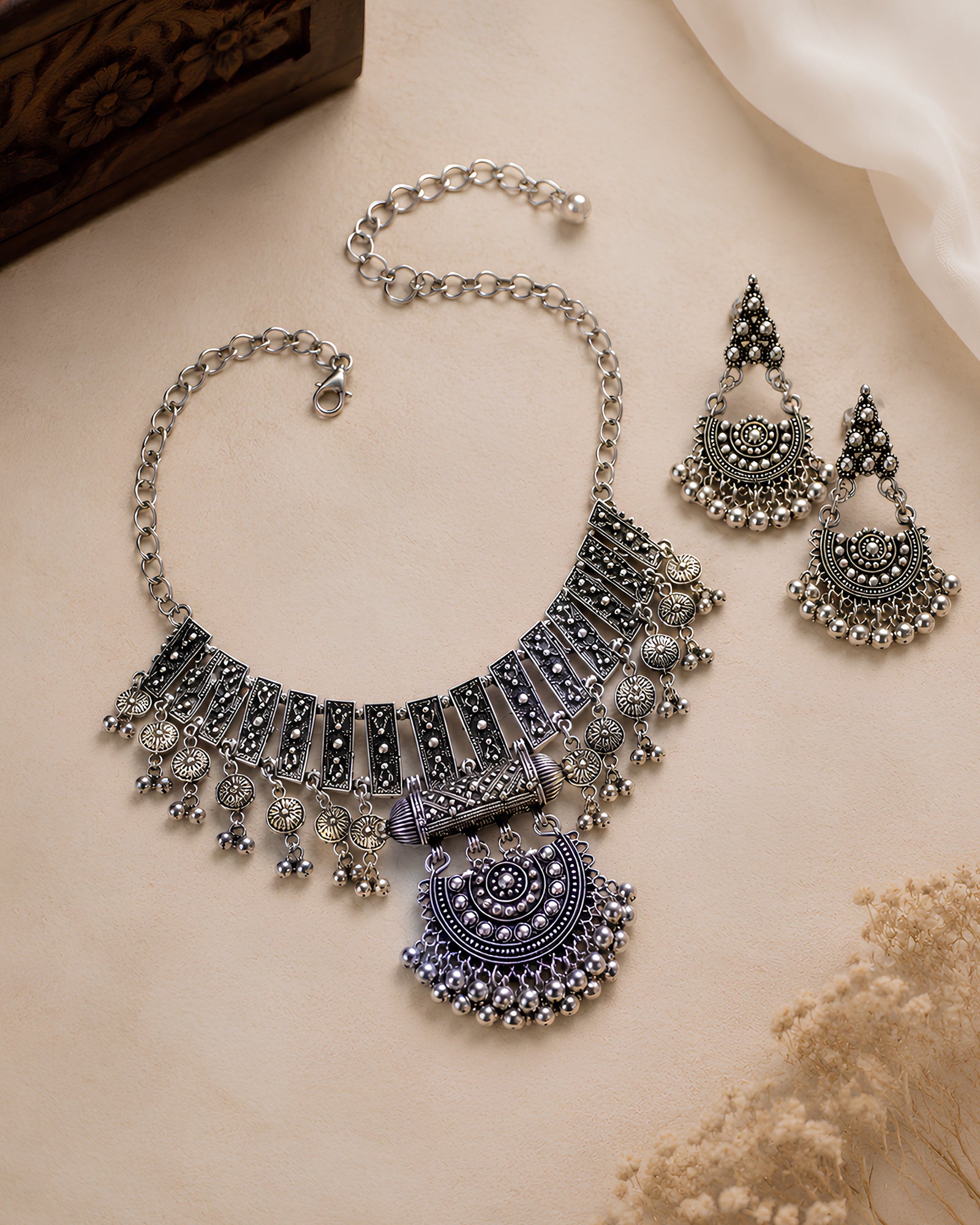 Oxidized Tribal Block & Crescent Pendant Necklace Set
