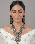 Oxidized Twin Peacock Amulet & Mirror-Work Necklace Set