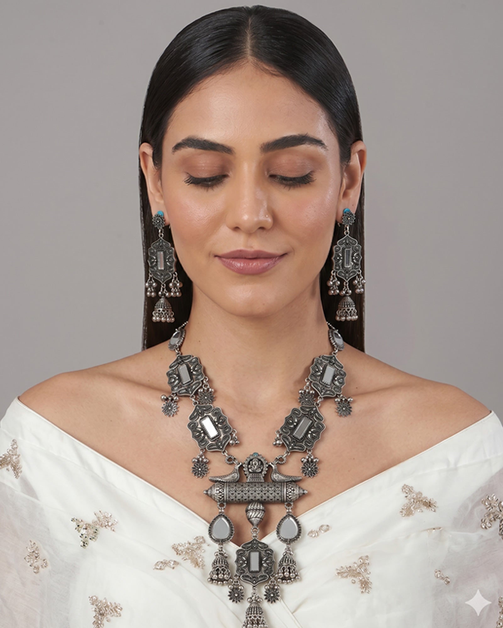 Oxidized Twin Peacock Amulet & Mirror-Work Necklace Set