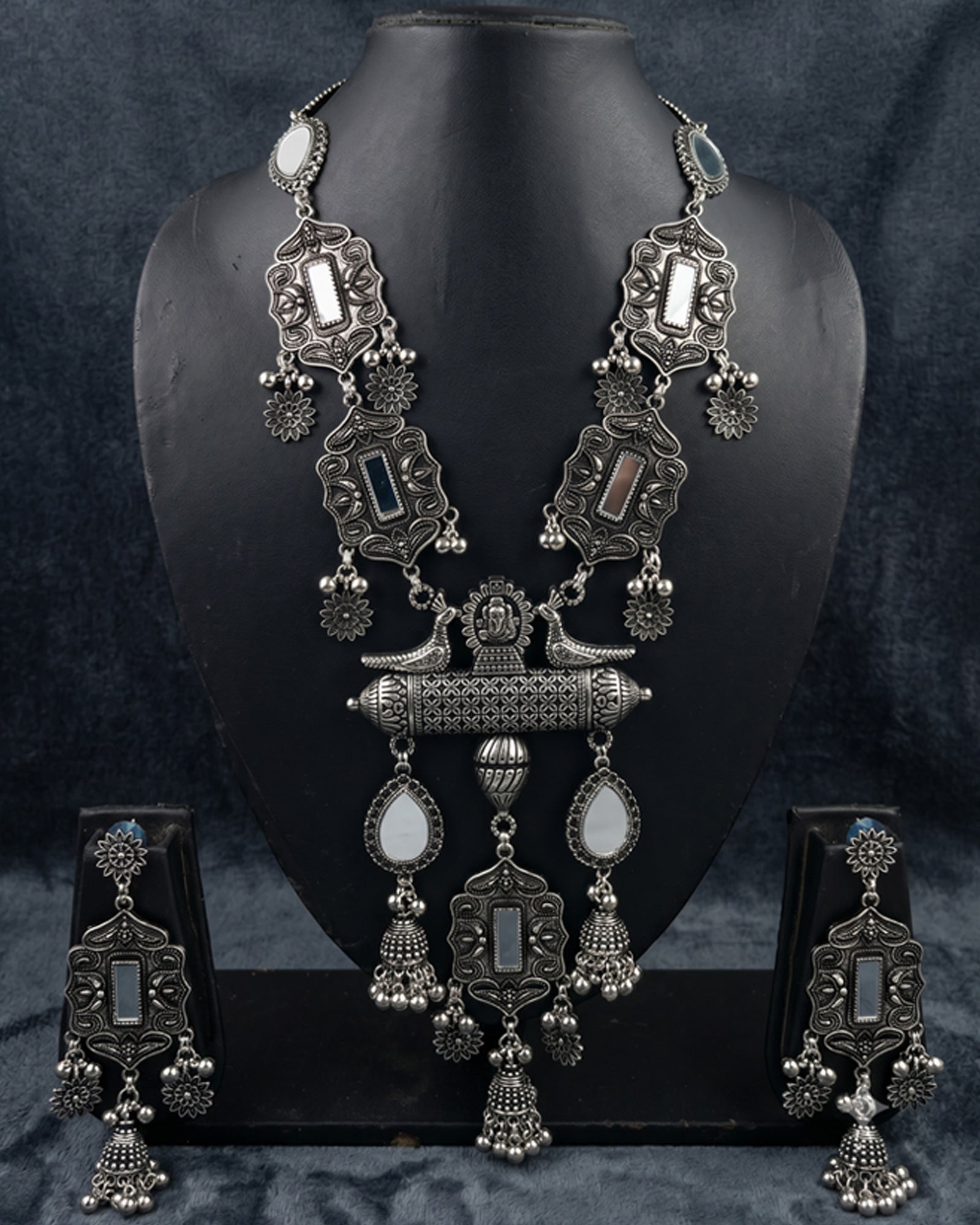 Oxidized Twin Peacock Amulet & Mirror-Work Necklace Set