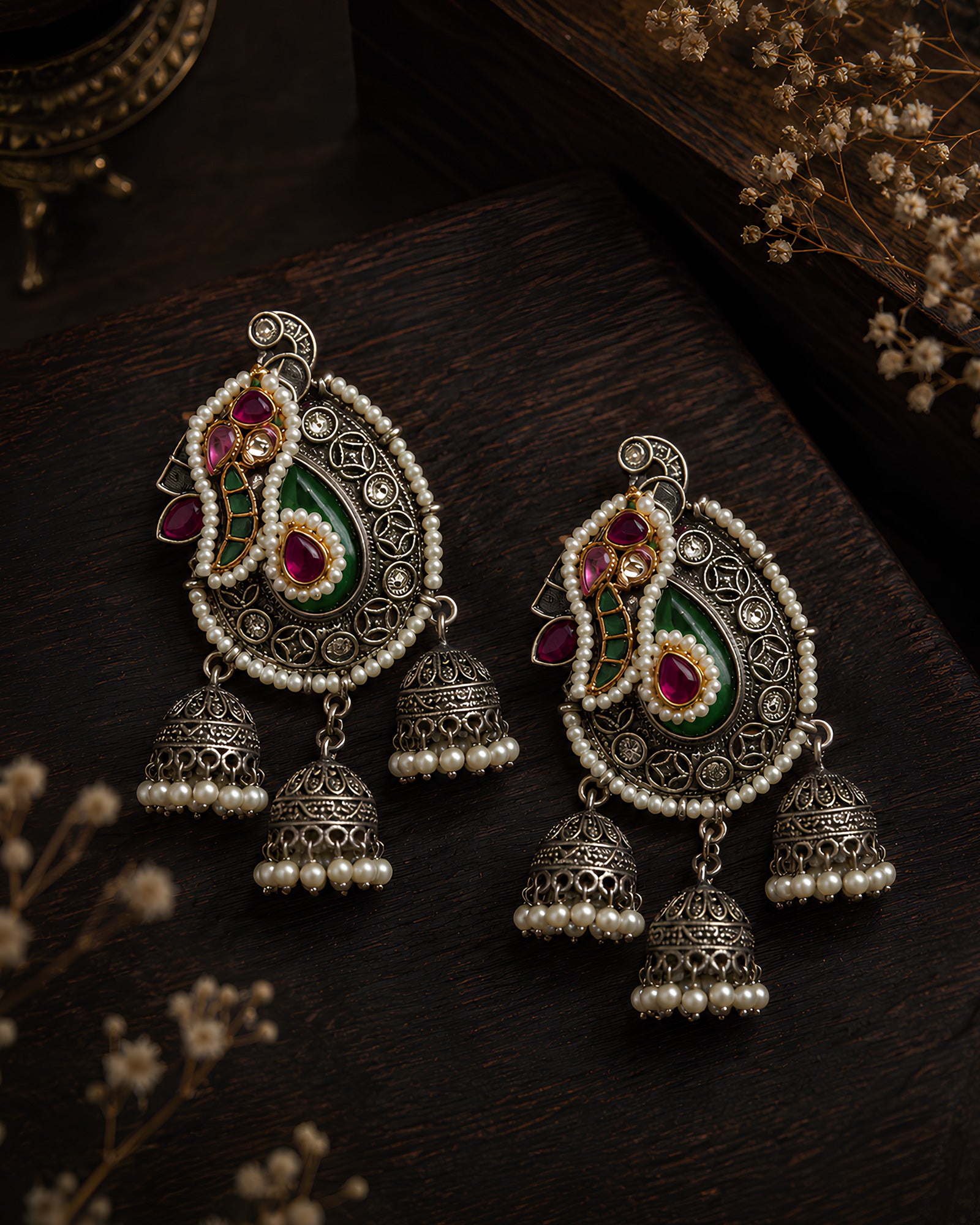 Paisley Motif Pearl-Accented Jhumka Earrings