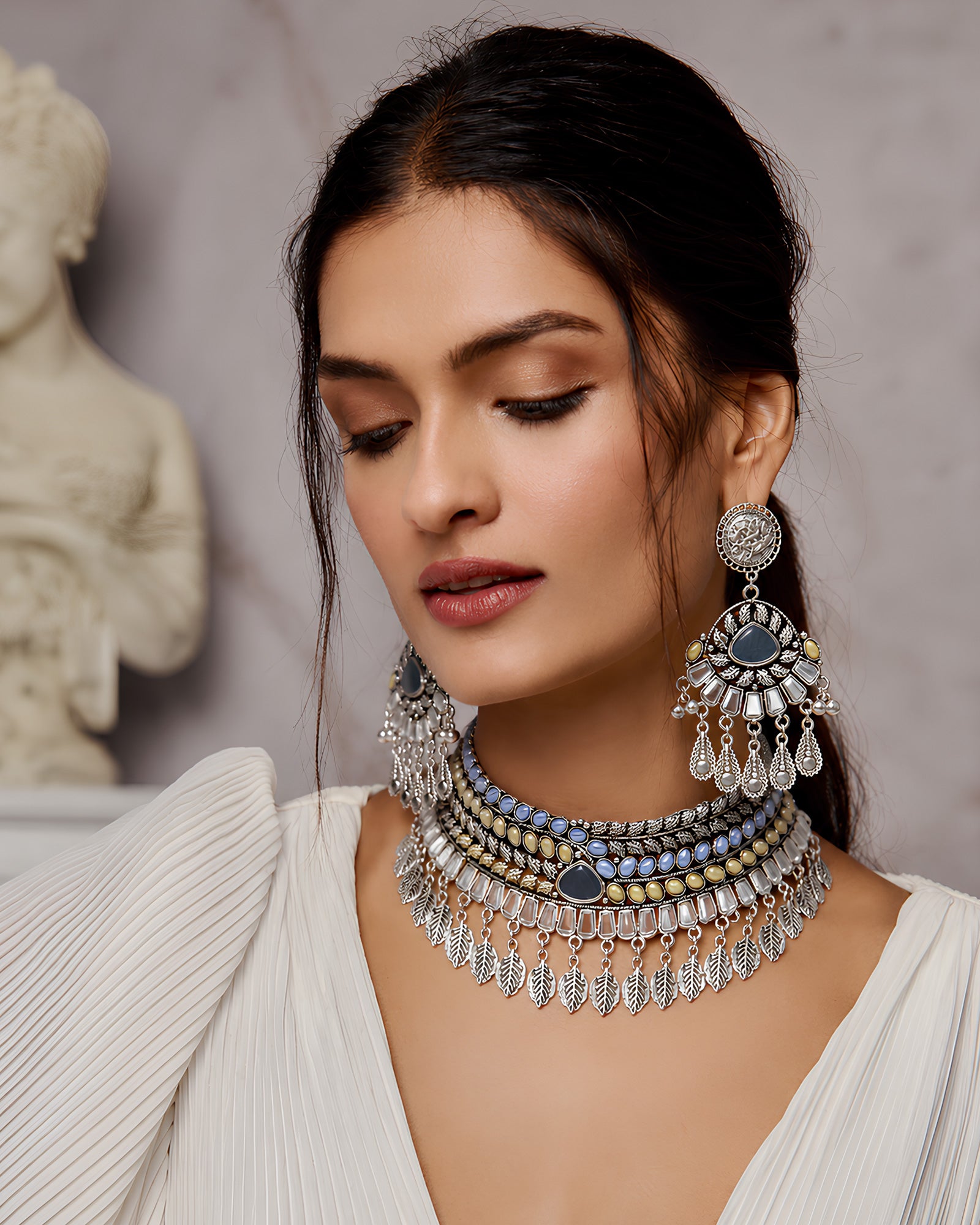 Pastel Enamel & Leaf-Fringed Oxidized Choker Necklace