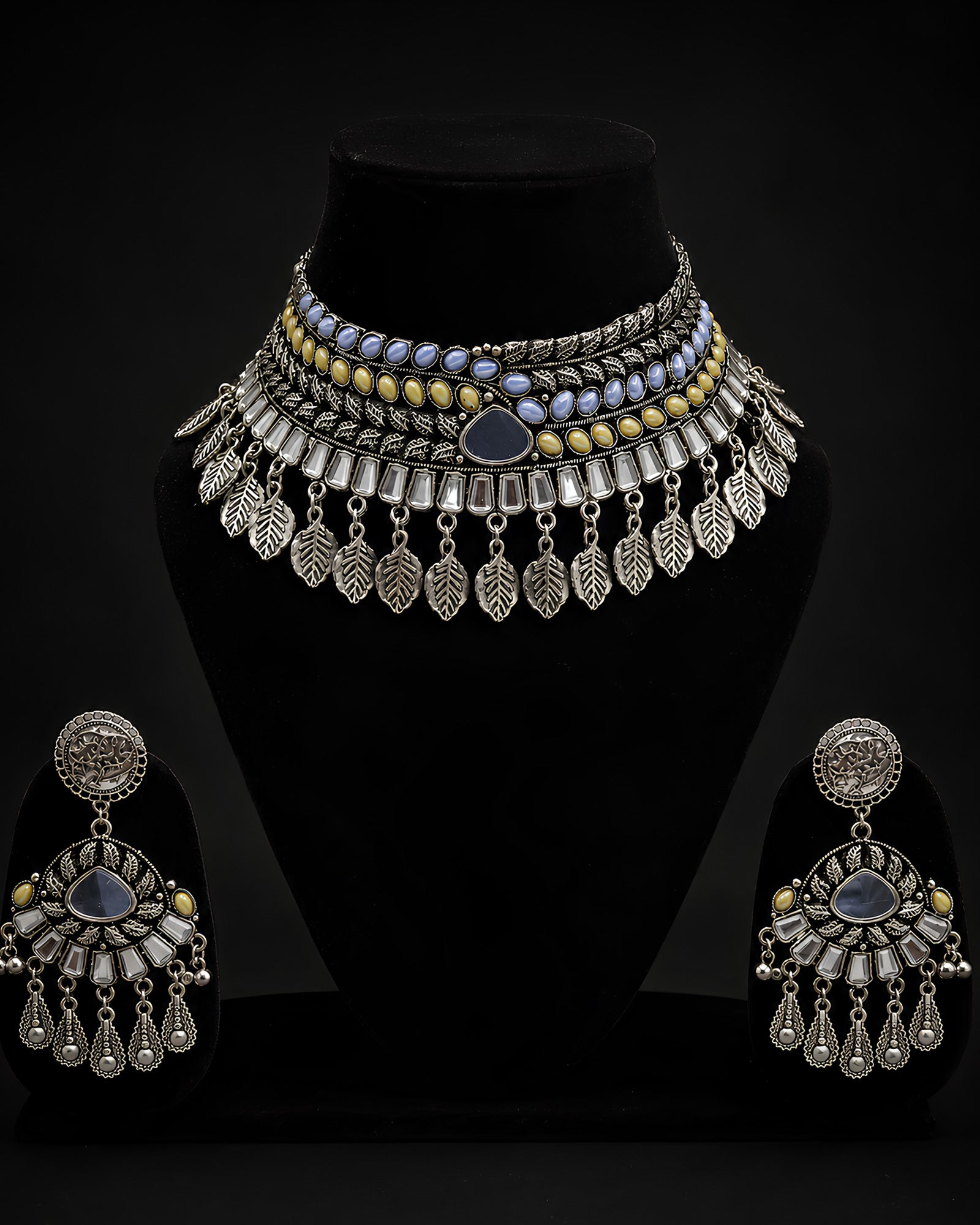 Pastel Enamel & Leaf-Fringed Oxidized Choker Necklace