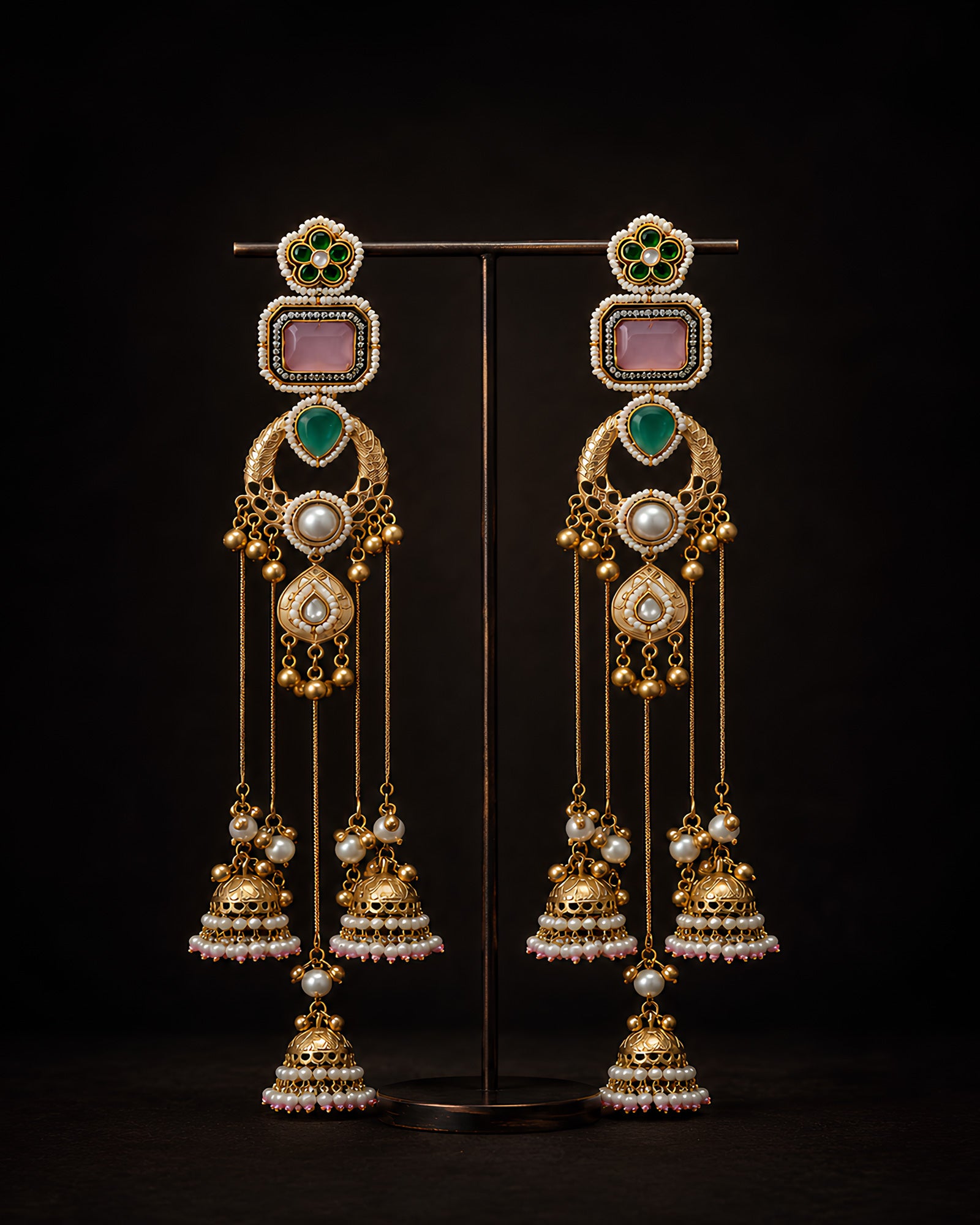 Pastel Gem & Pearl Cascading Jhumka Earrings