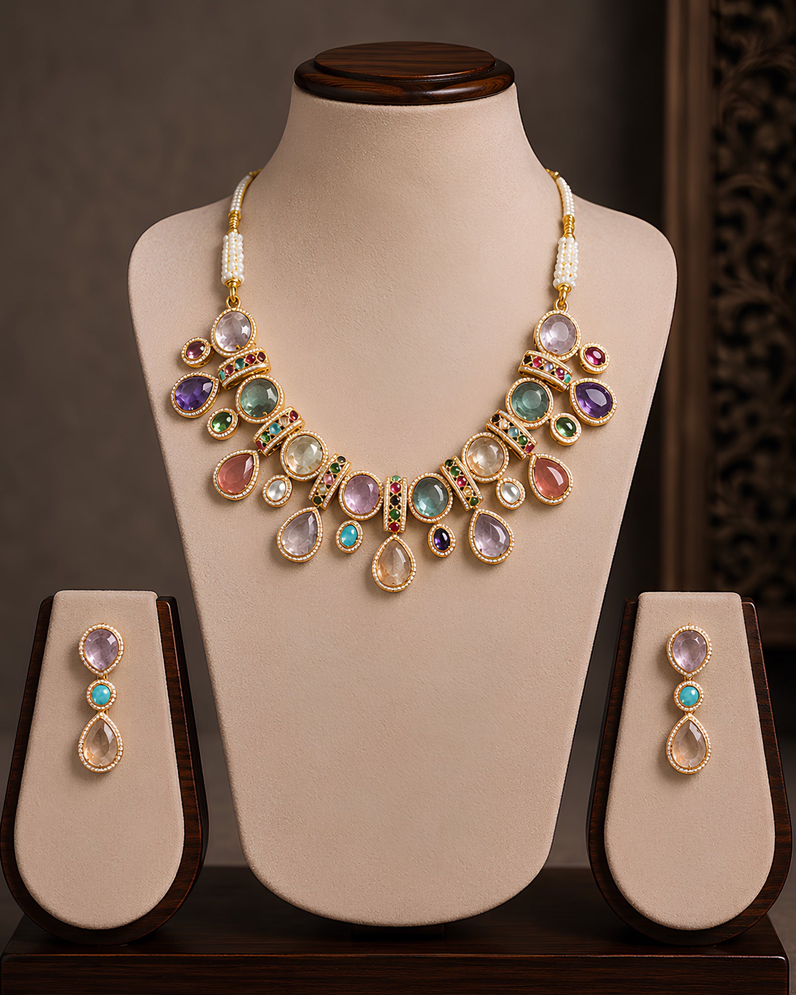 Pastel Gemstone & Pearl Statement Necklace Set