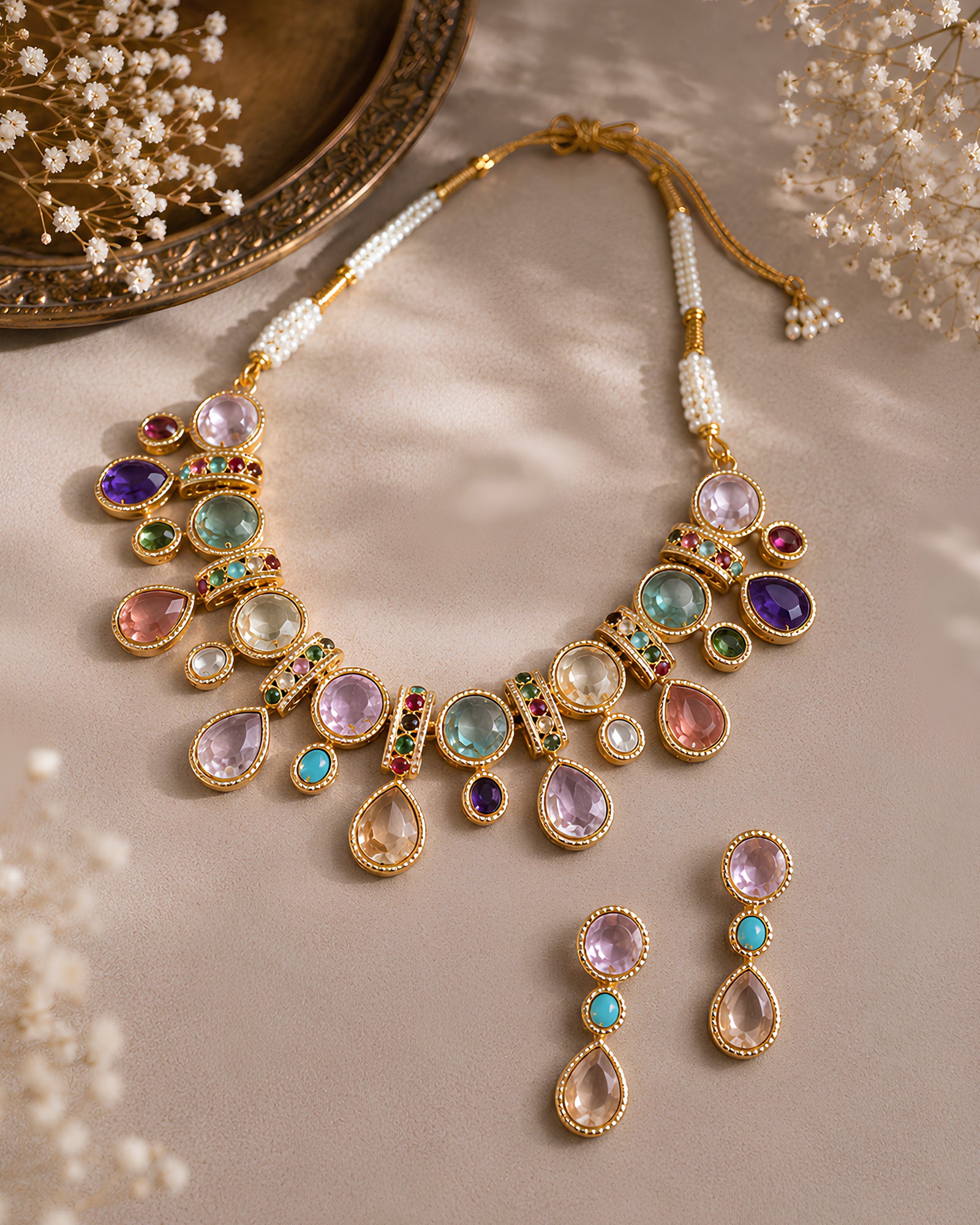 Pastel Gemstone & Pearl Statement Necklace Set