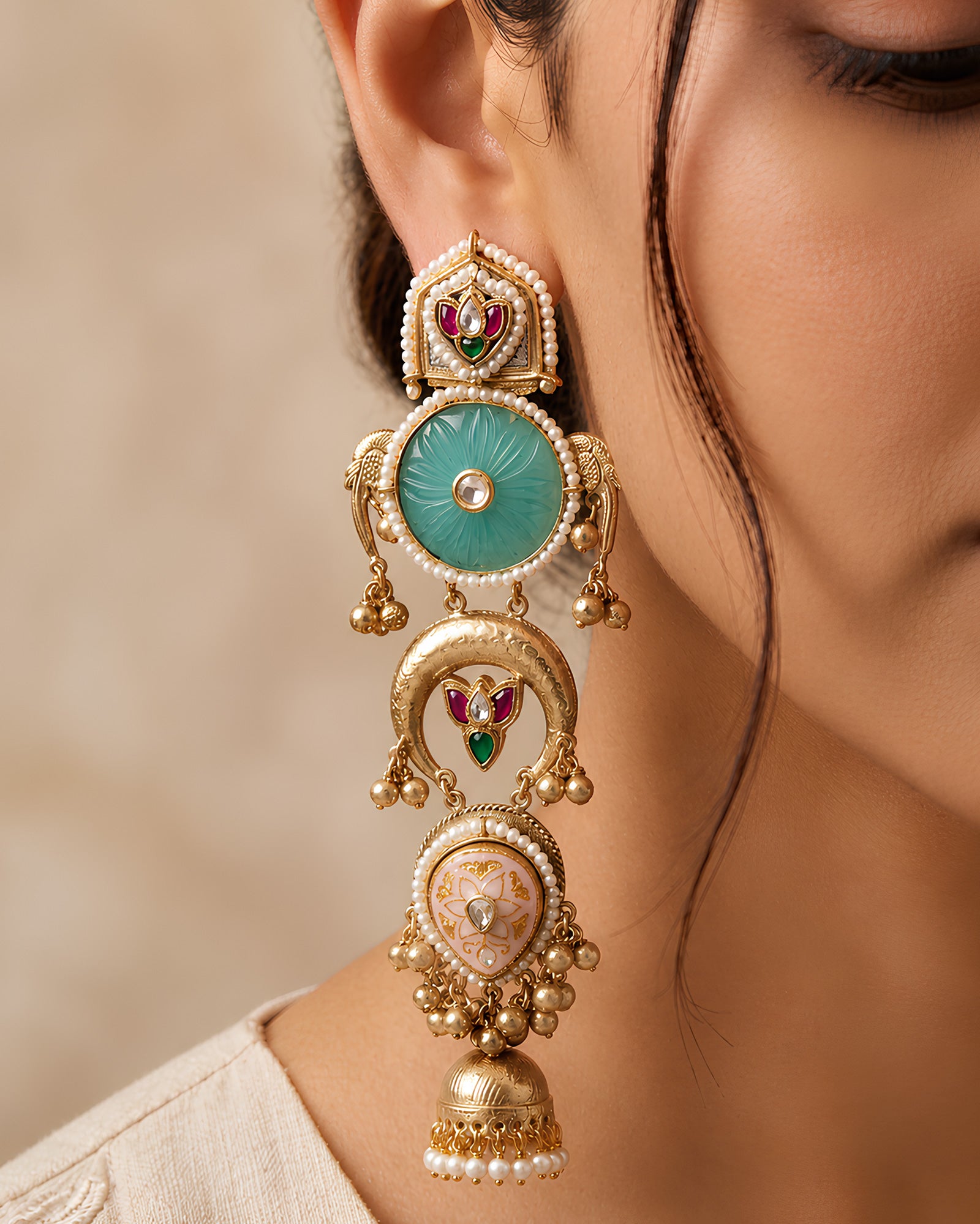 Pastel Green Mint Stone Tiered Jhumka Earrings