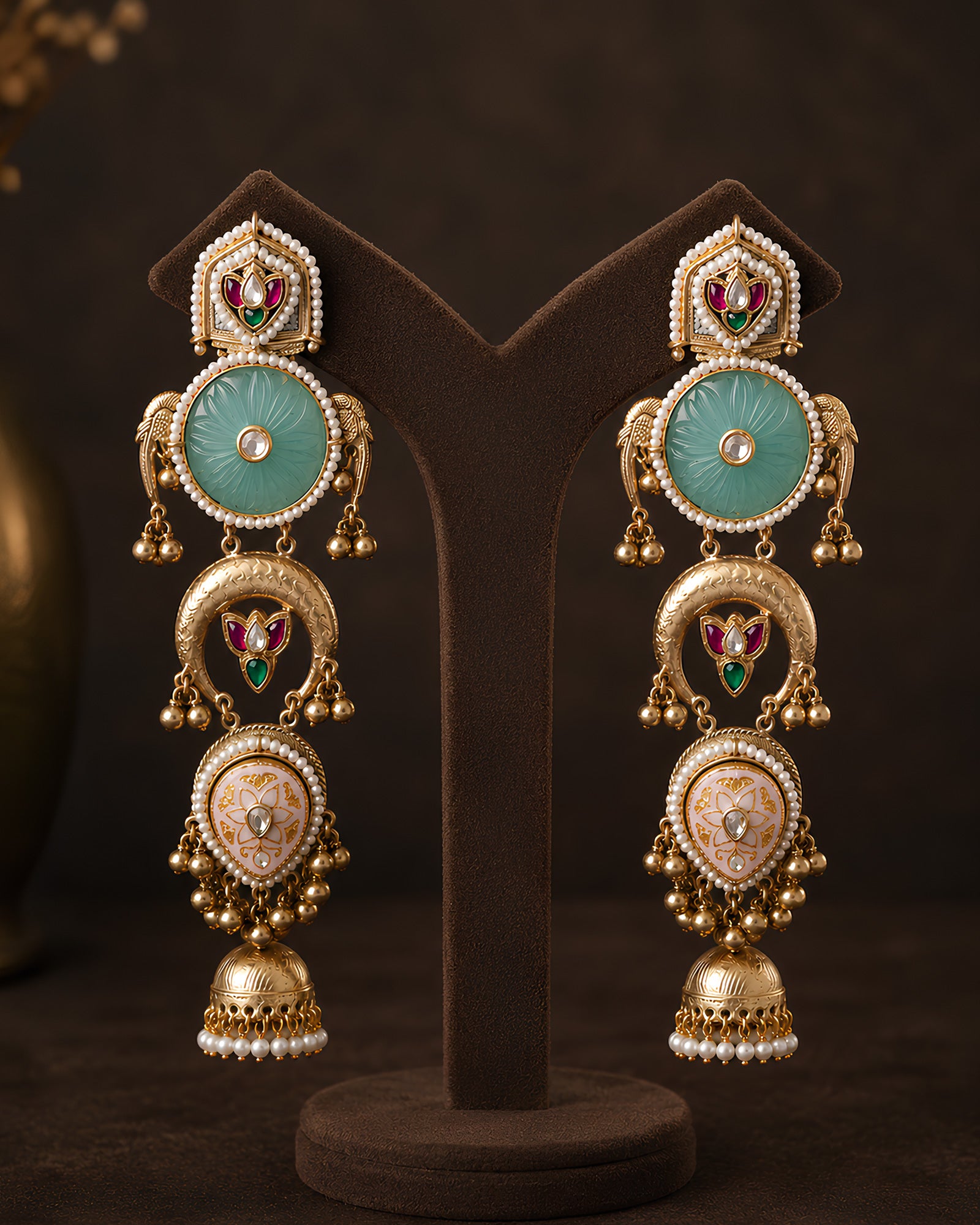 Pastel Green Mint Stone Tiered Jhumka Earrings
