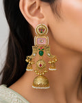 Pastel Pink & Green Gemstone Layered Jhumka Earrings