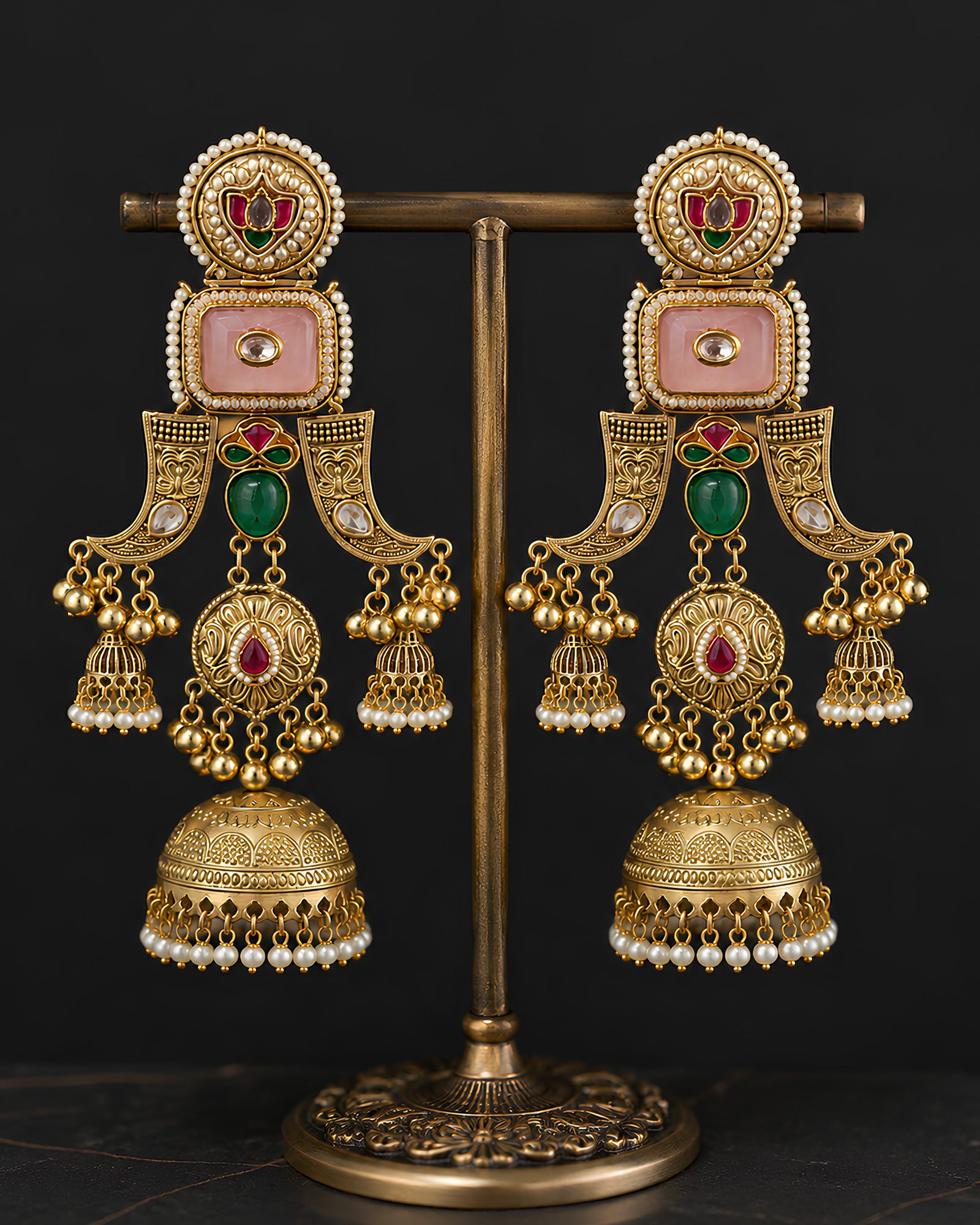 Pastel Pink & Green Gemstone Layered Jhumka Earrings