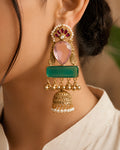 Pastel Pink & Green Stone Jhumka Earrings
