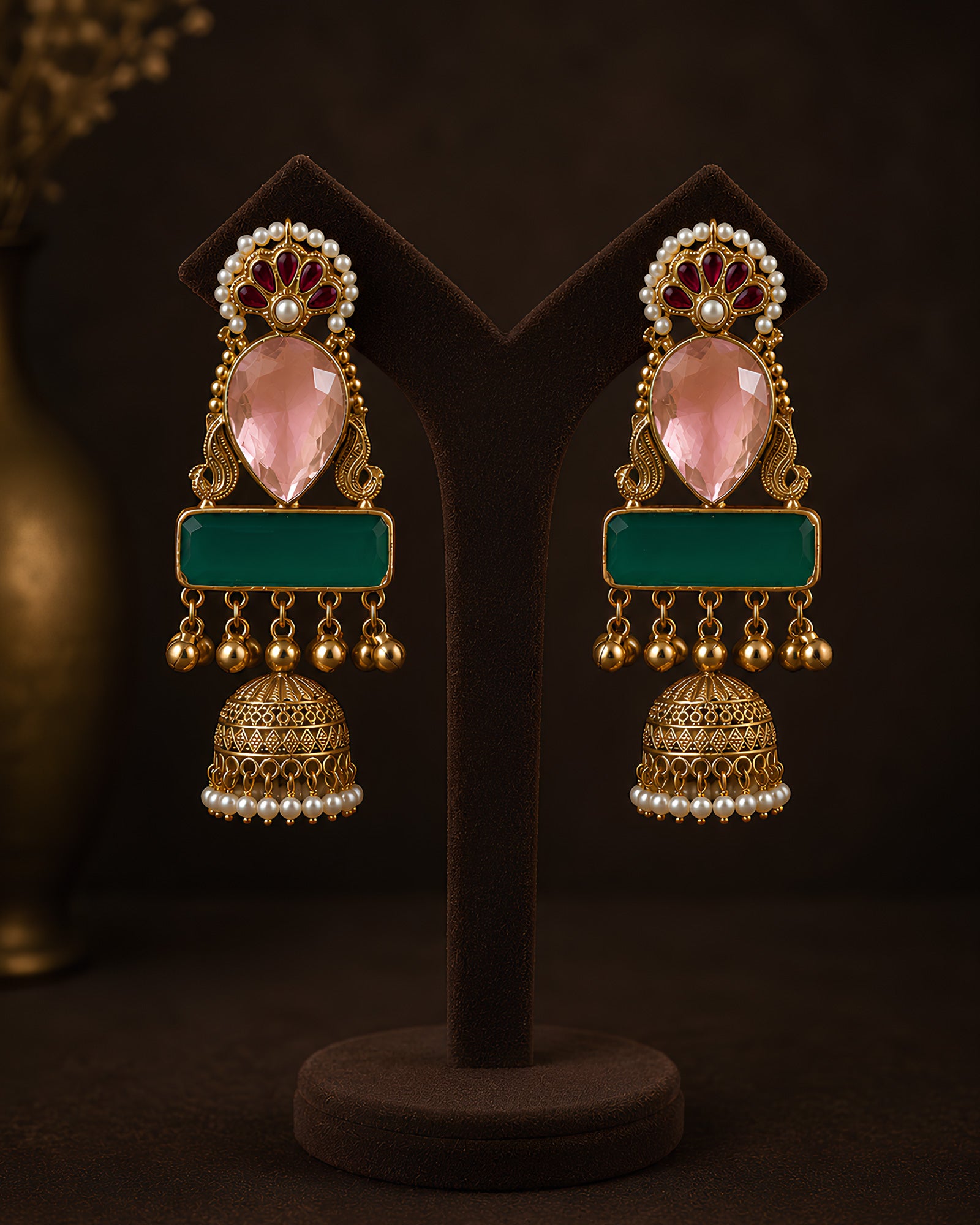 Pastel Pink & Green Stone Jhumka Earrings
