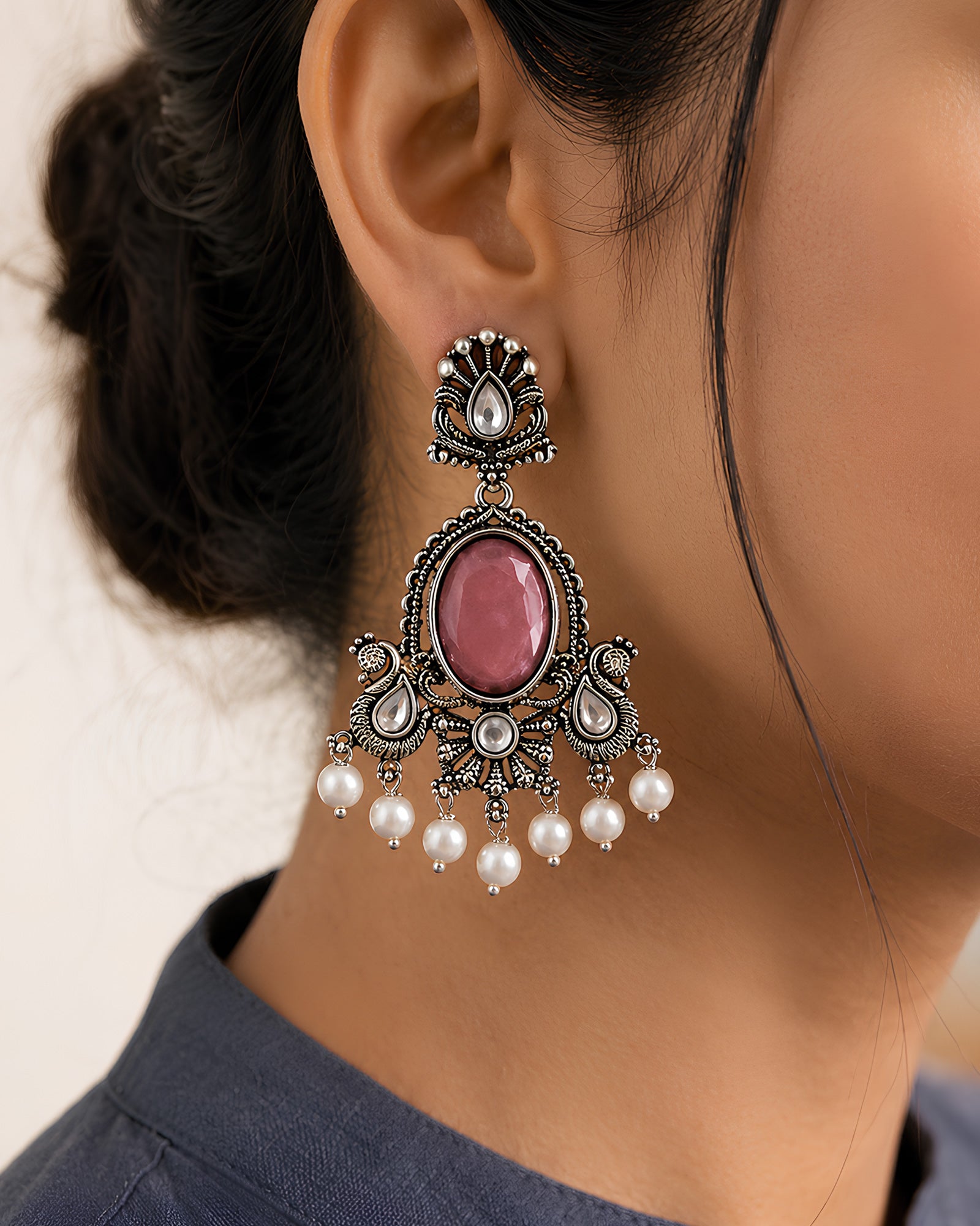 Pastel Pink Oval & Pearl-Drop Oxidized Earrings