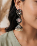 Pastel Pink Stone Peacock Jhumka Earrings
