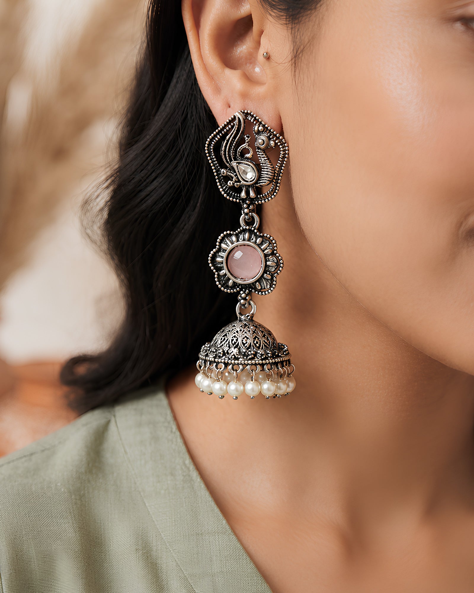 Pastel Pink Stone Peacock Jhumka Earrings