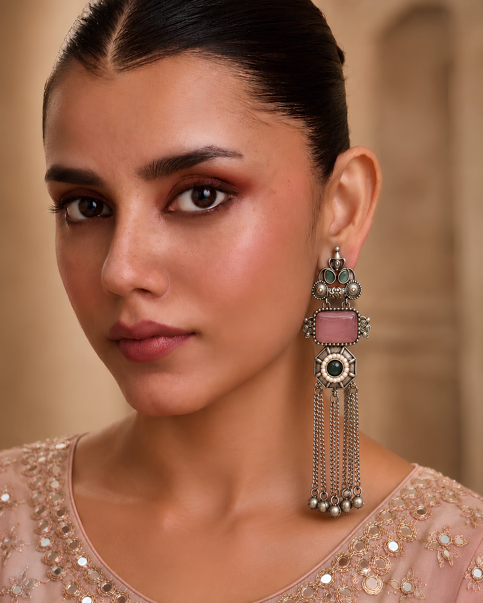 Pastel Stone & Chain Tassel Earrings