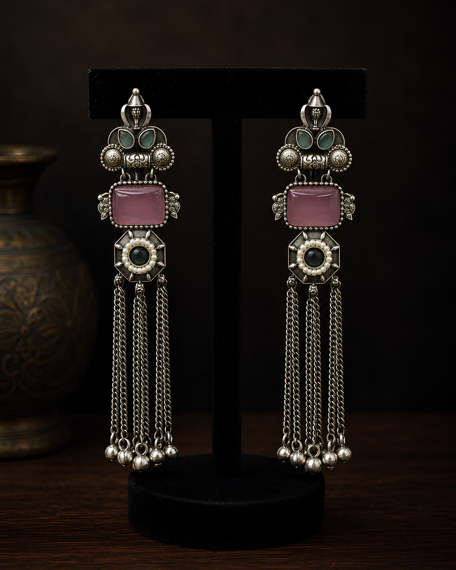 Pastel Stone & Chain Tassel Earrings