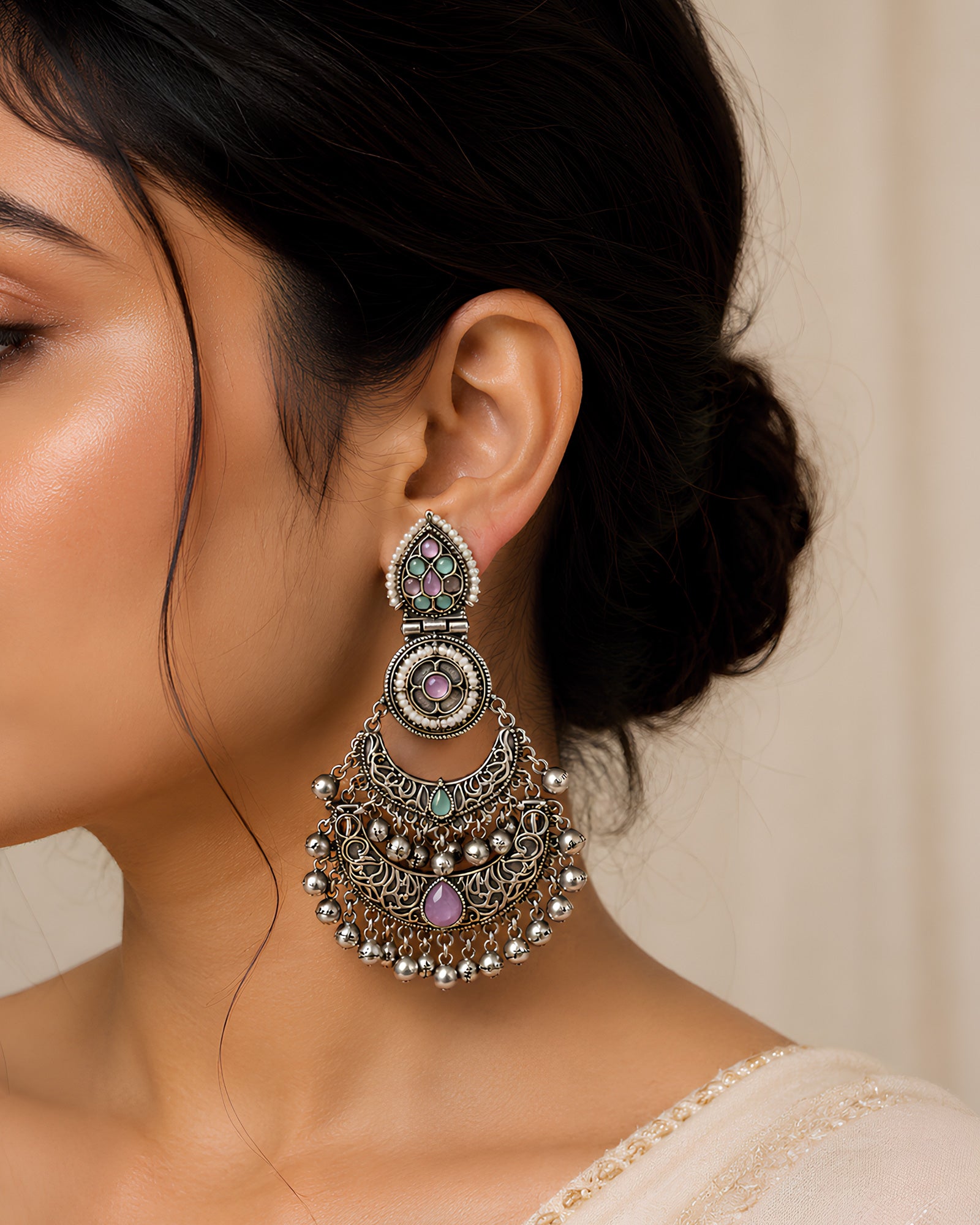 Pastel Stone Filigree Crescent Earrings