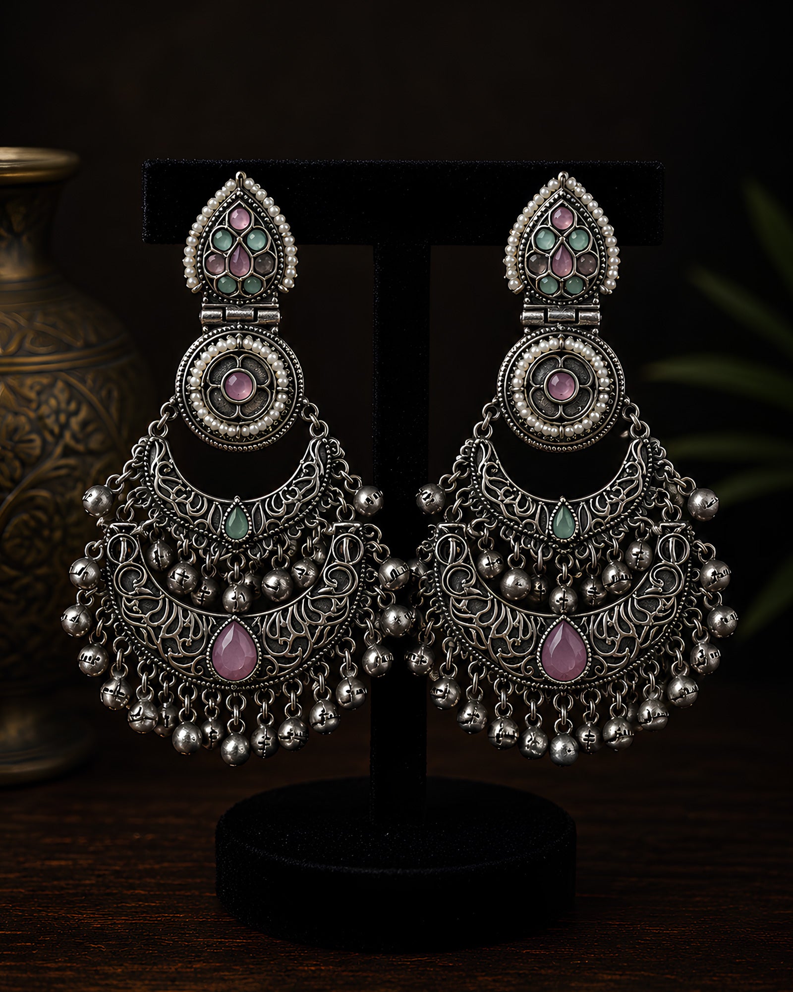 Pastel Stone Filigree Crescent Earrings