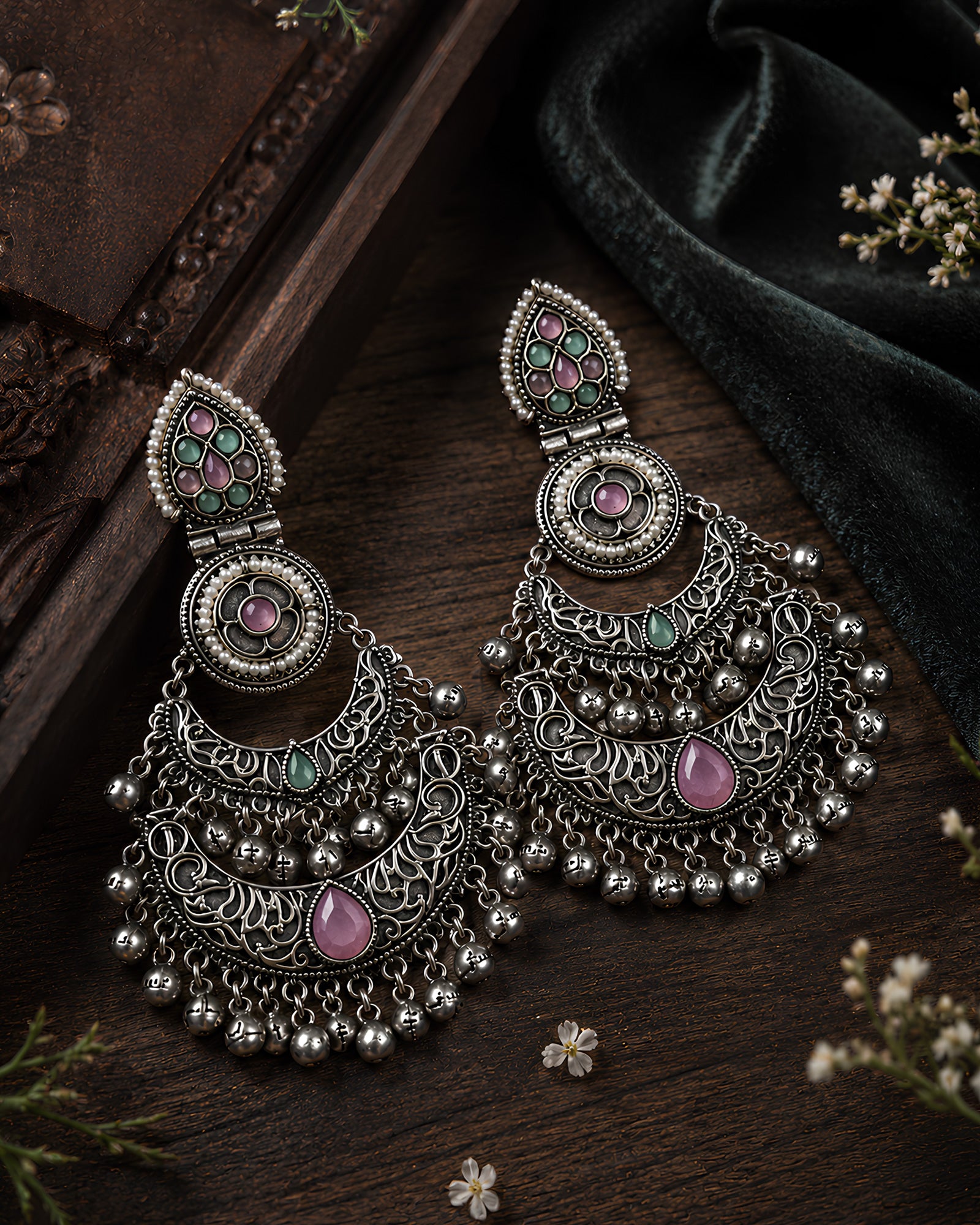 Pastel Stone Filigree Crescent Earrings