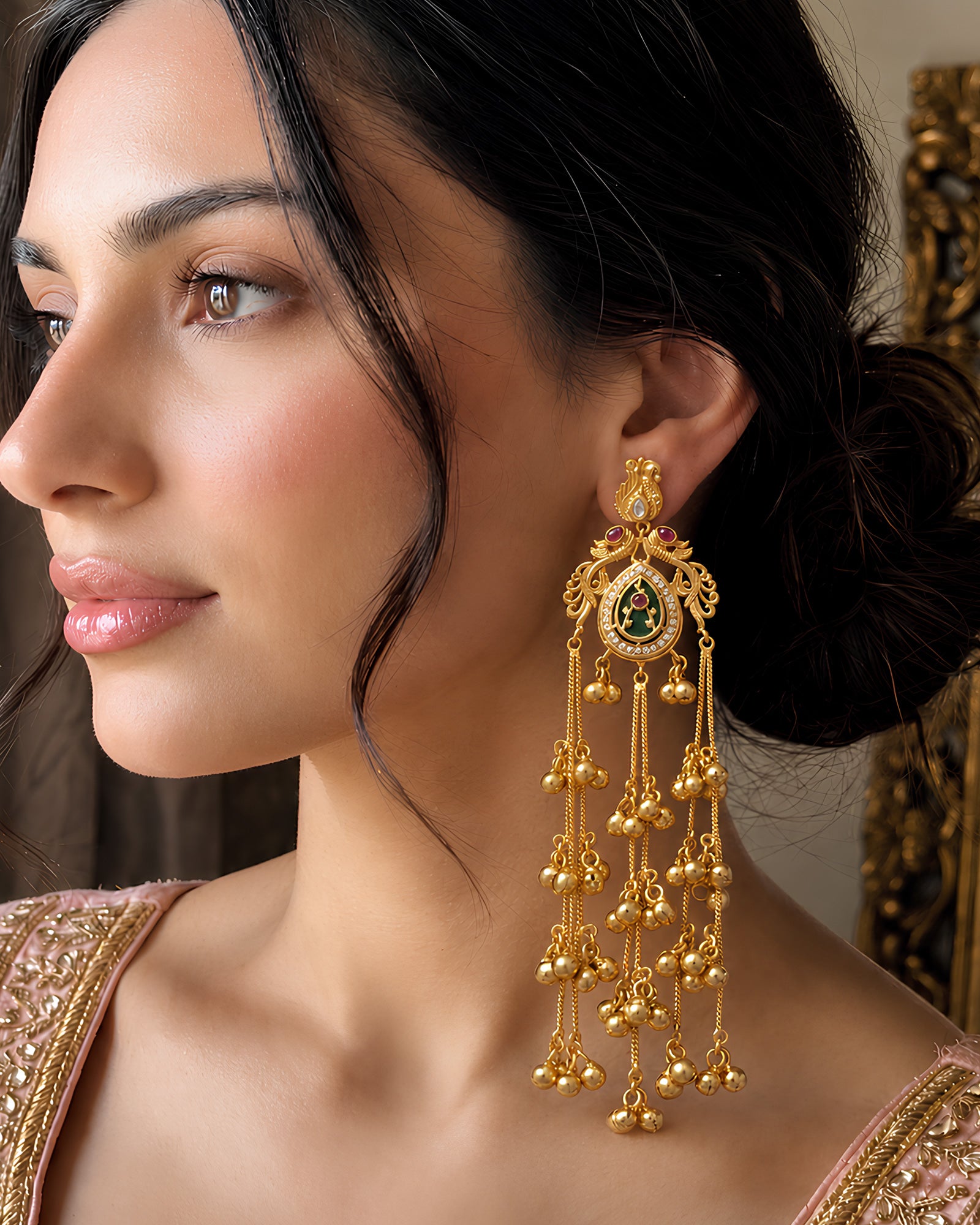 Peacock Enamel & Beaded Multi-Chain Drop Earrings