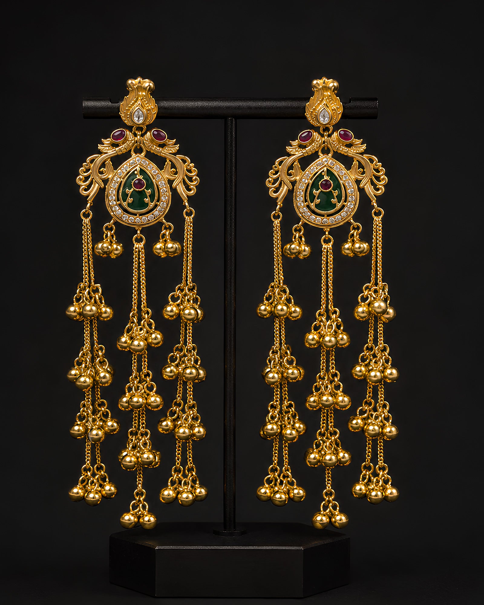 Peacock Enamel & Beaded Multi-Chain Drop Earrings