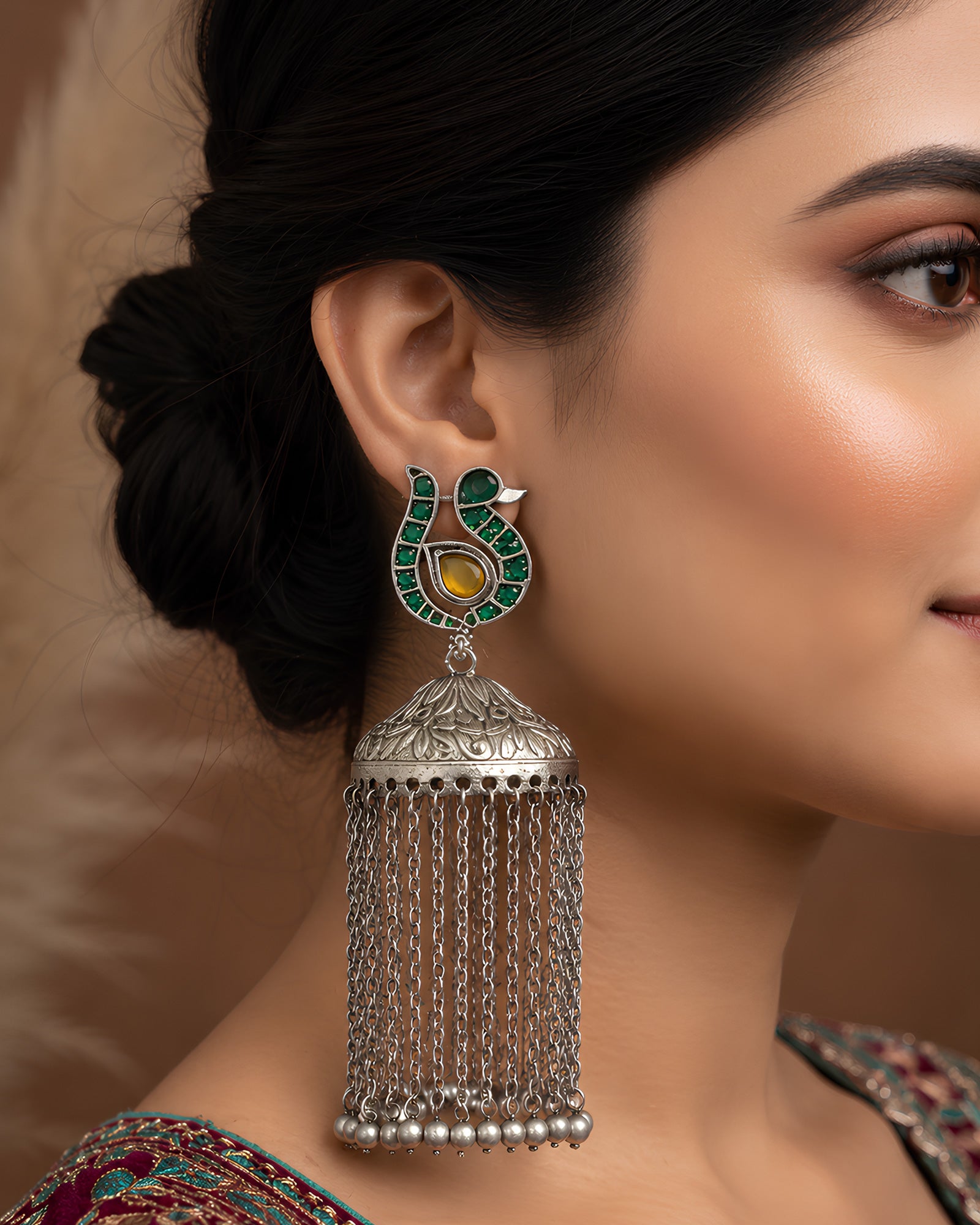 Peacock Enamel Chain Tassel Jhumkas