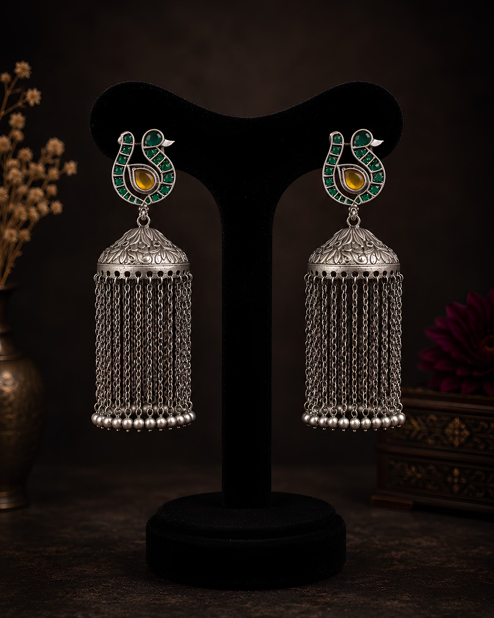 Peacock Enamel Chain Tassel Jhumkas