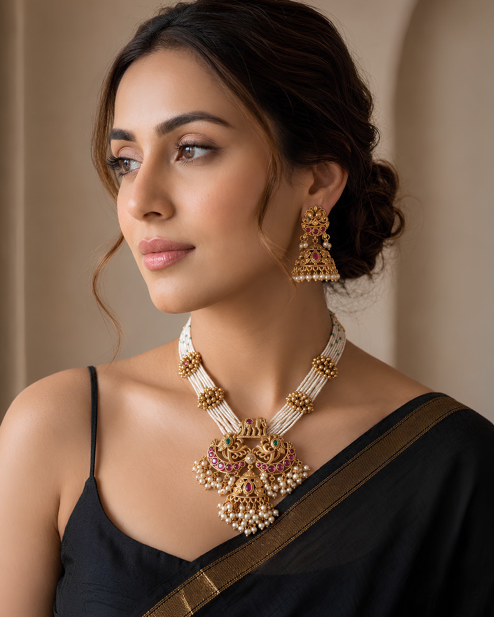 Peacock Motif Multi-Strand Pearl Necklace Set