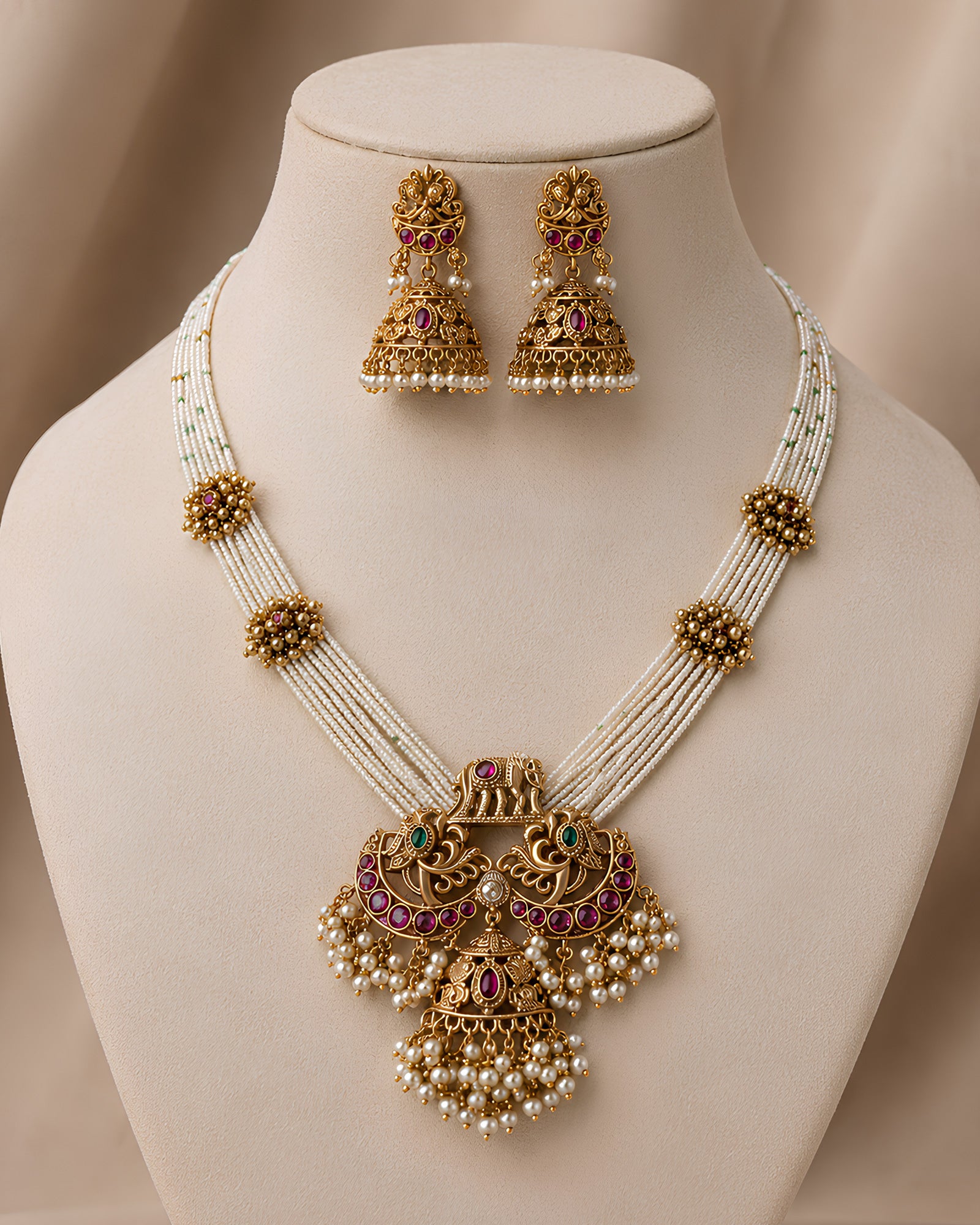 Peacock Motif Multi-Strand Pearl Necklace Set