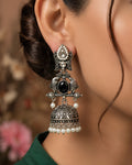 Peacock Motif Oxidized Silver & Black Onyx Jhumka Earrings