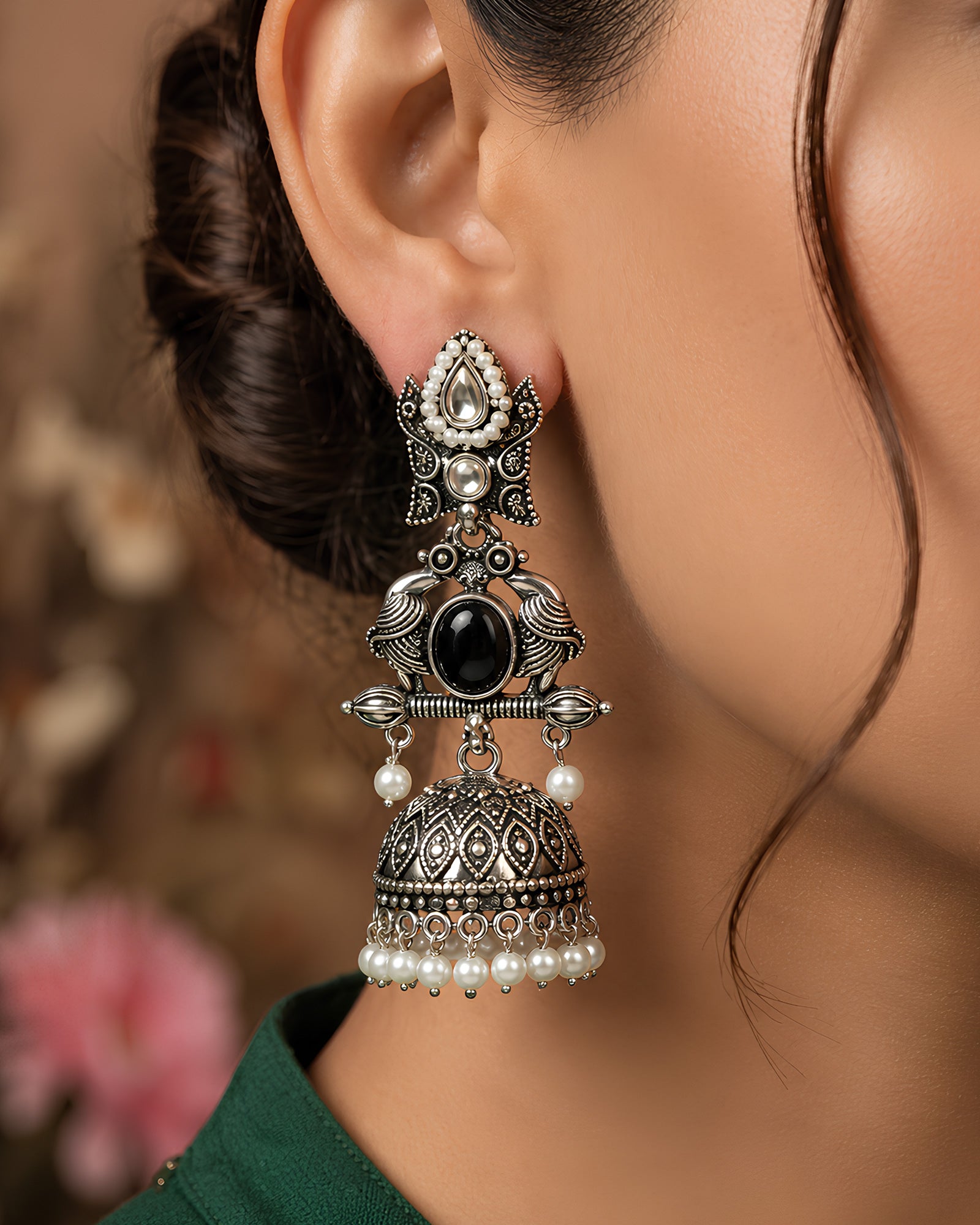 Peacock Motif Oxidized Silver & Black Onyx Jhumka Earrings