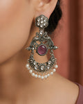 Peacock Motif Pink Stone & Pearl-Fringed Oxidized Earrings