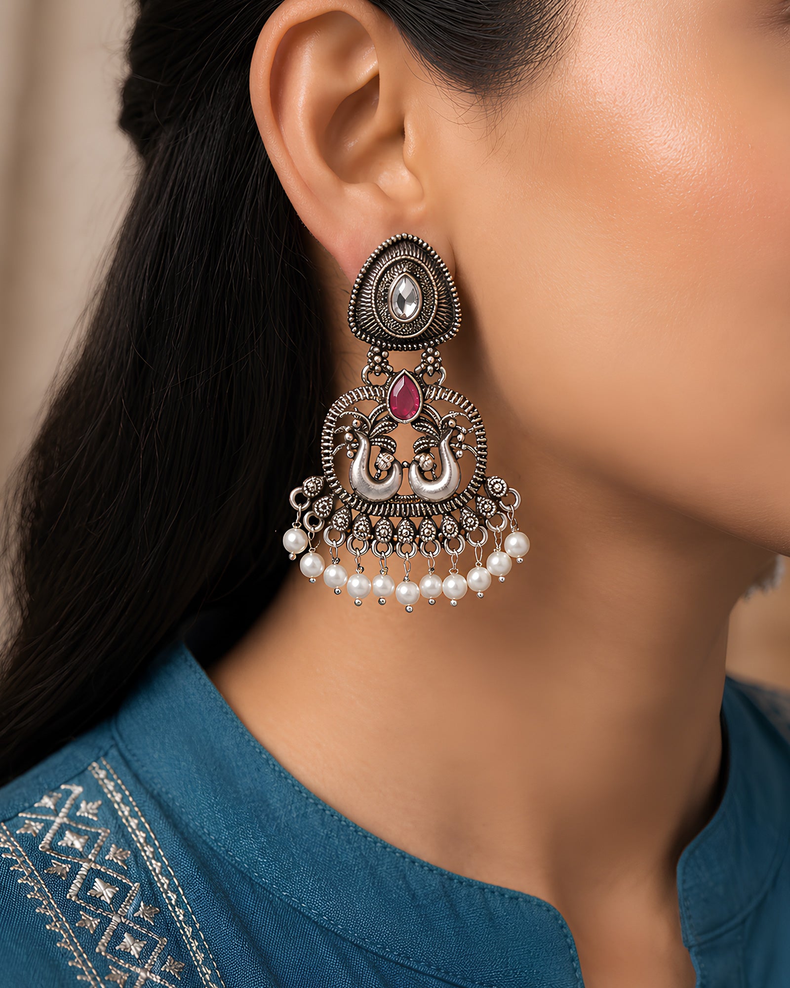 Peacock Motif Ruby Stone & Pearl-Fringed Oxidized Earrings